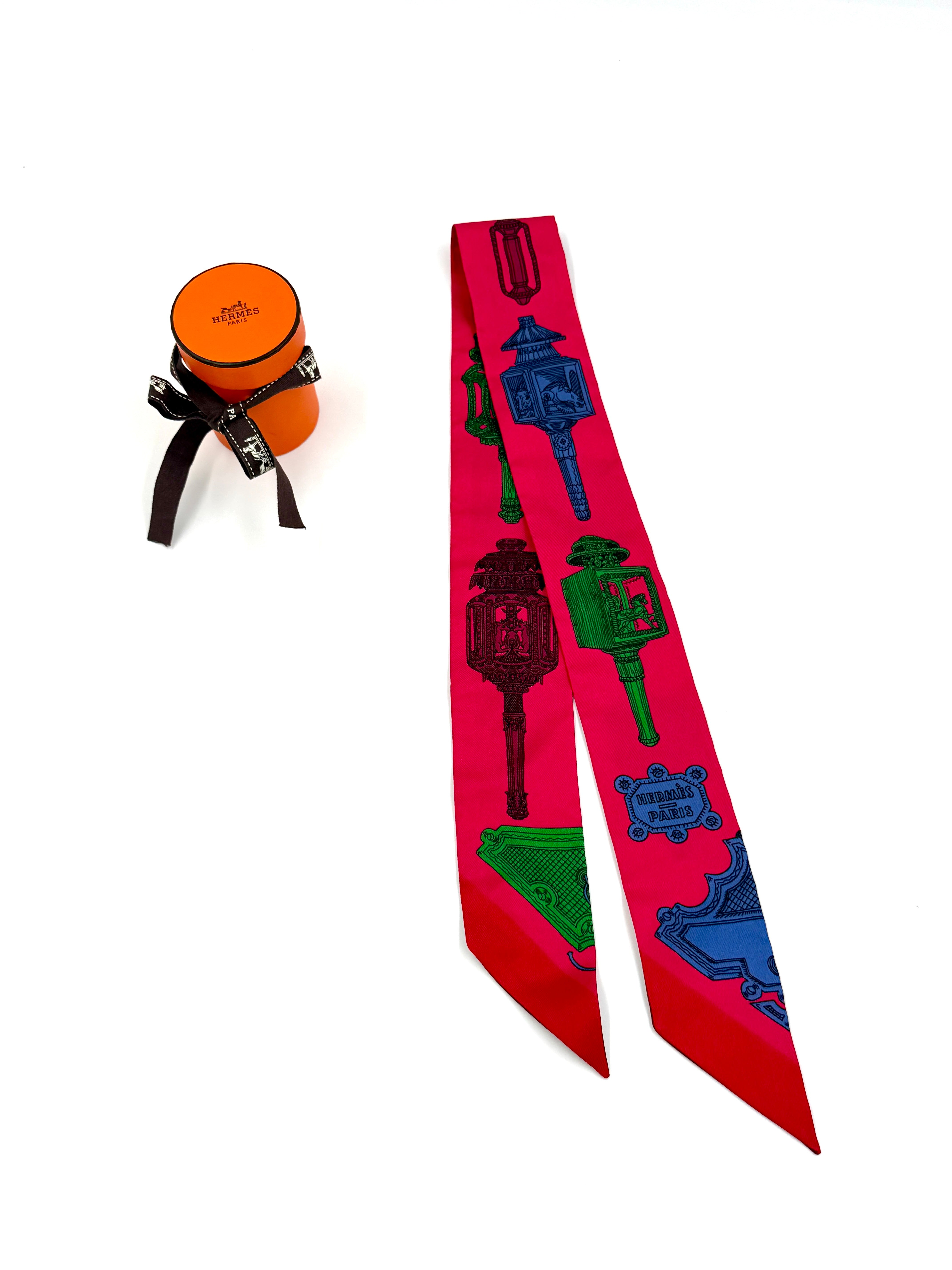 Hermès Merveilleuses Lanternes Silk Twilly Scarf Hot Pink Blue