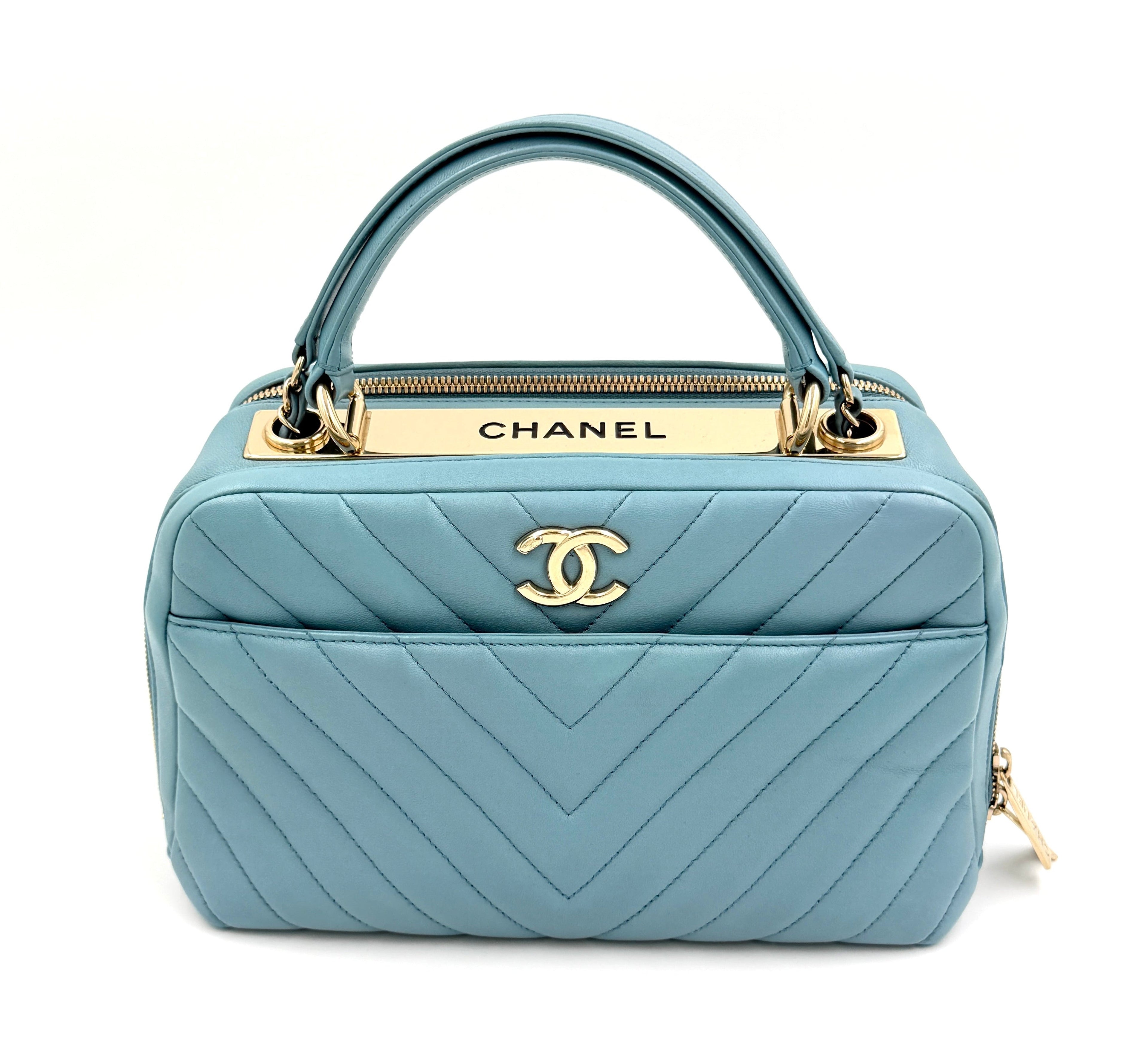 Pre-owned Chanel Trendy CC Bowling Bag Blue Chevron Quilted Lambskin