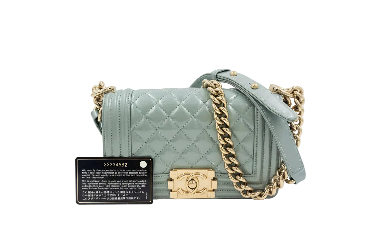 Pre-Owned Chanel Irridescent Light Blue Patent Leather Small Boy Bag - Authenticated