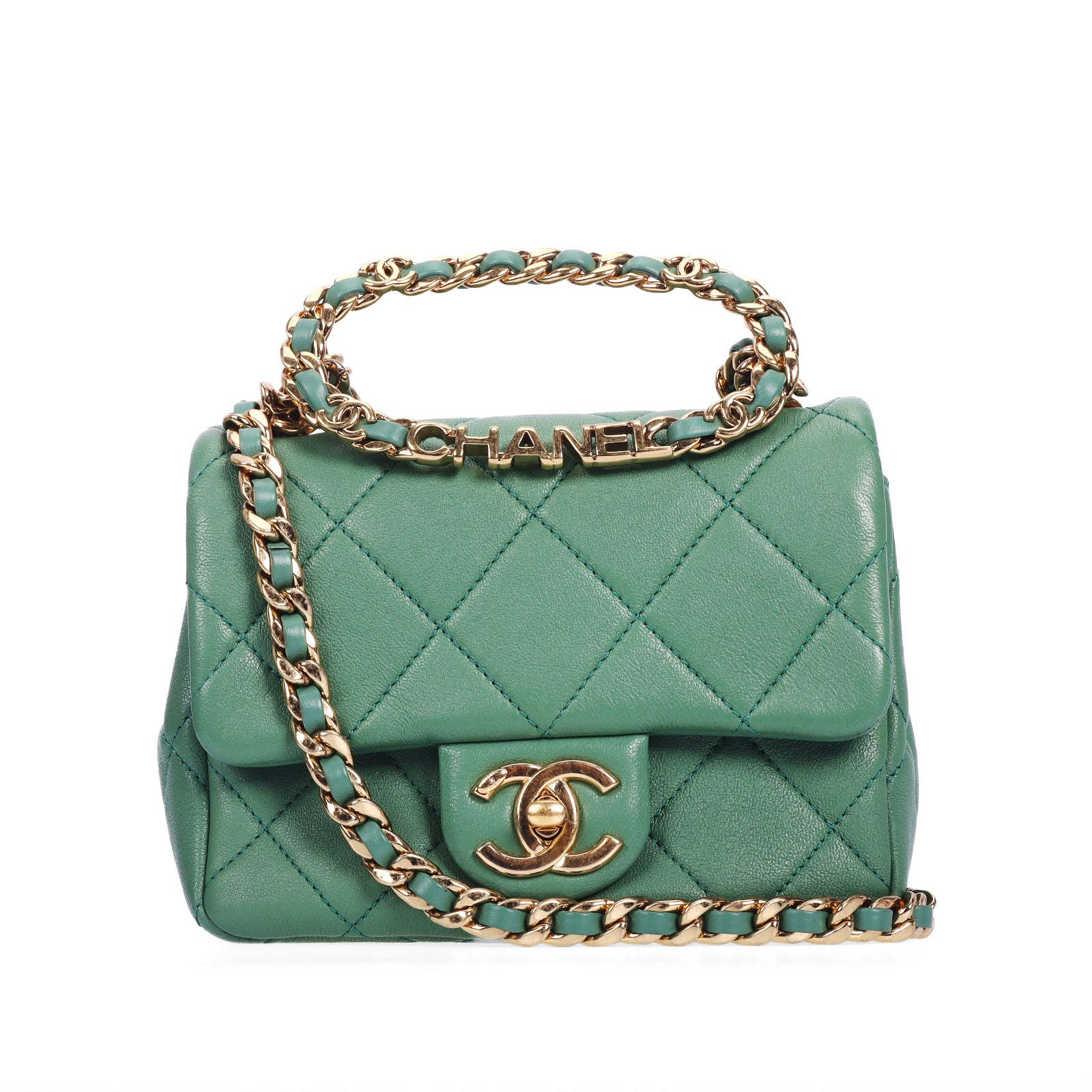 Pre-owned Chanel Green 2023 Mini Oval Handle Flap Bag Microchipped - Authentic