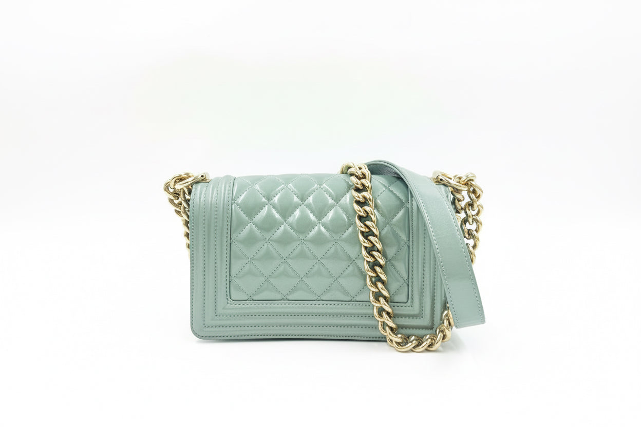 Pre-Owned Chanel Irridescent Light Blue Patent Leather Small Boy Bag - Authenticated