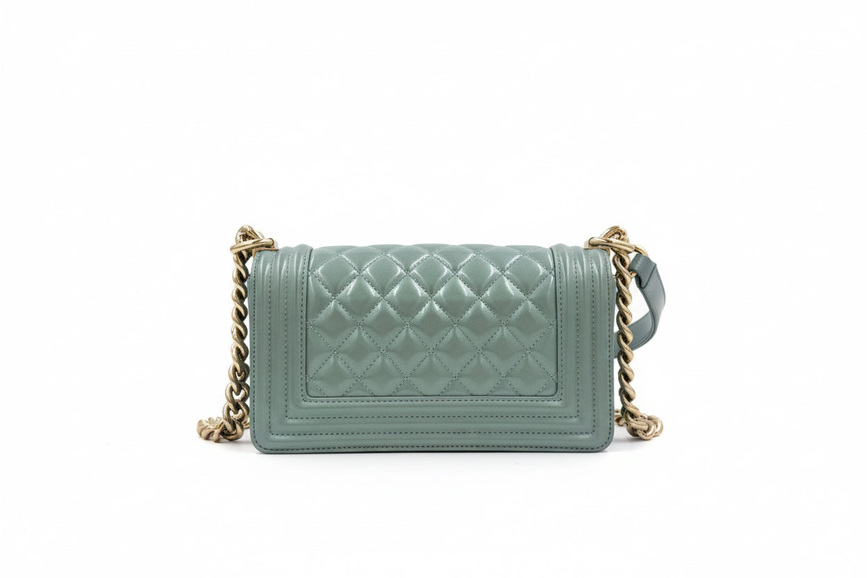 Pre-Owned Chanel Irridescent Light Blue Patent Leather Small Boy Bag - Authenticated