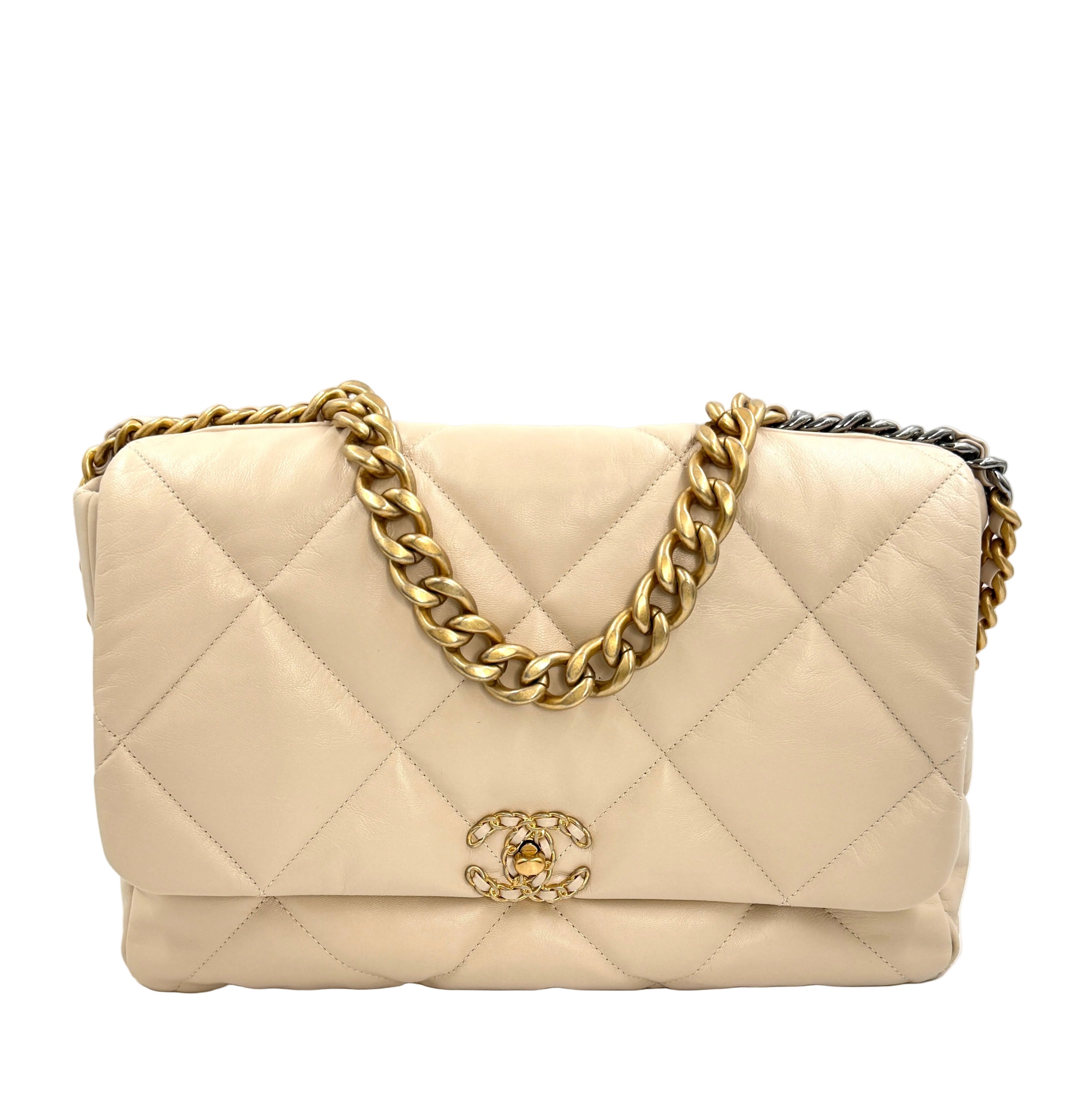 Pre-owned Chanel 19 Maxi Beige Goatskin Mixed Hardware - Authenticated