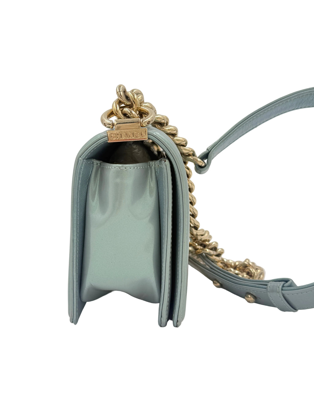 Pre-Owned Chanel Irridescent Light Blue Patent Leather Small Boy Bag - Authenticated