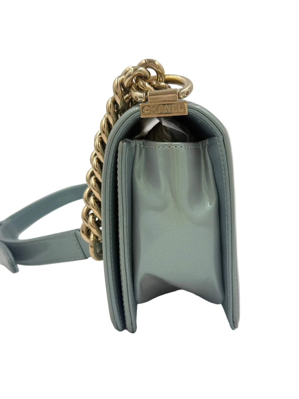 Pre-Owned Chanel Irridescent Light Blue Patent Leather Small Boy Bag - Authenticated