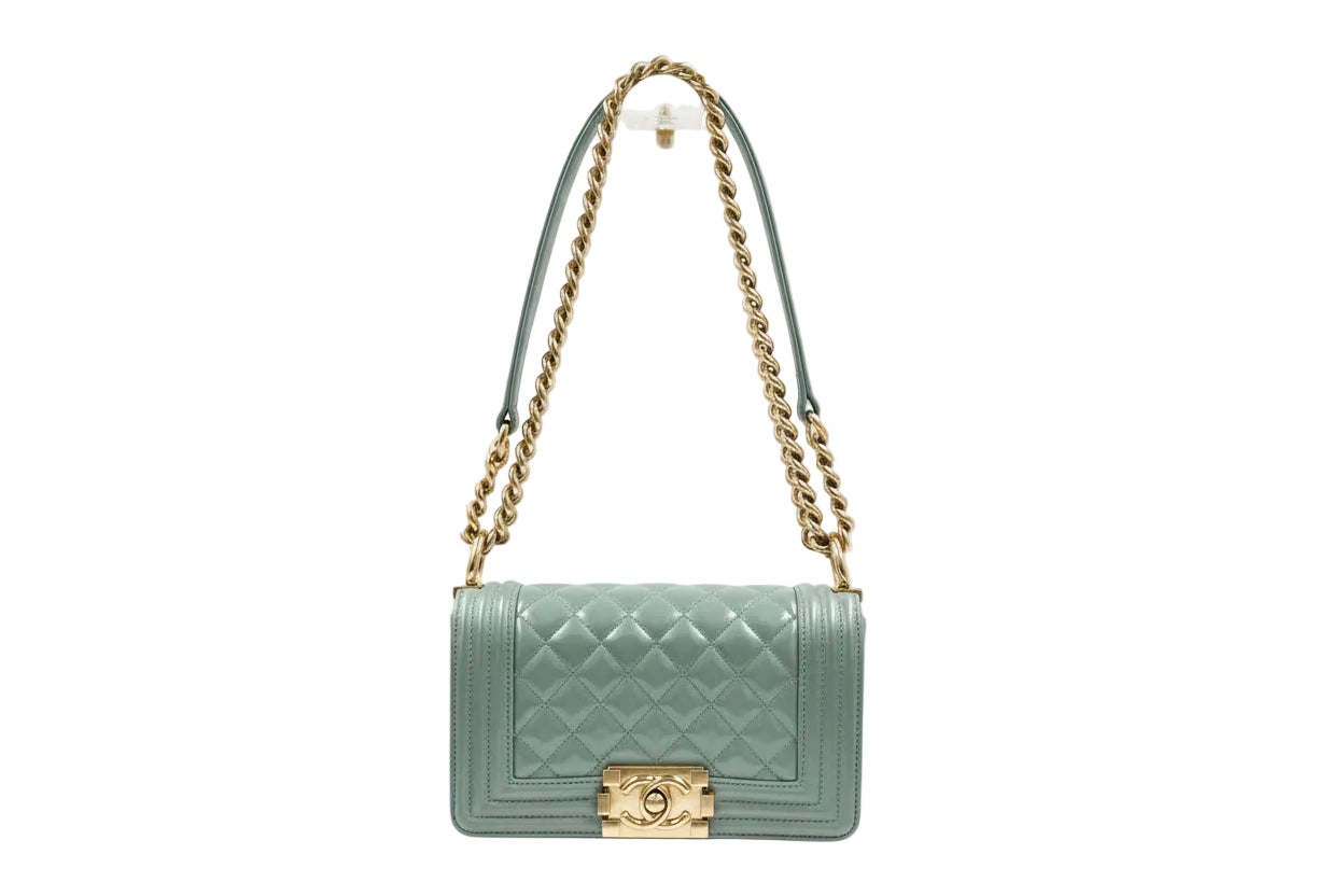 Pre-Owned Chanel Irridescent Light Blue Patent Leather Small Boy Bag - Authenticated