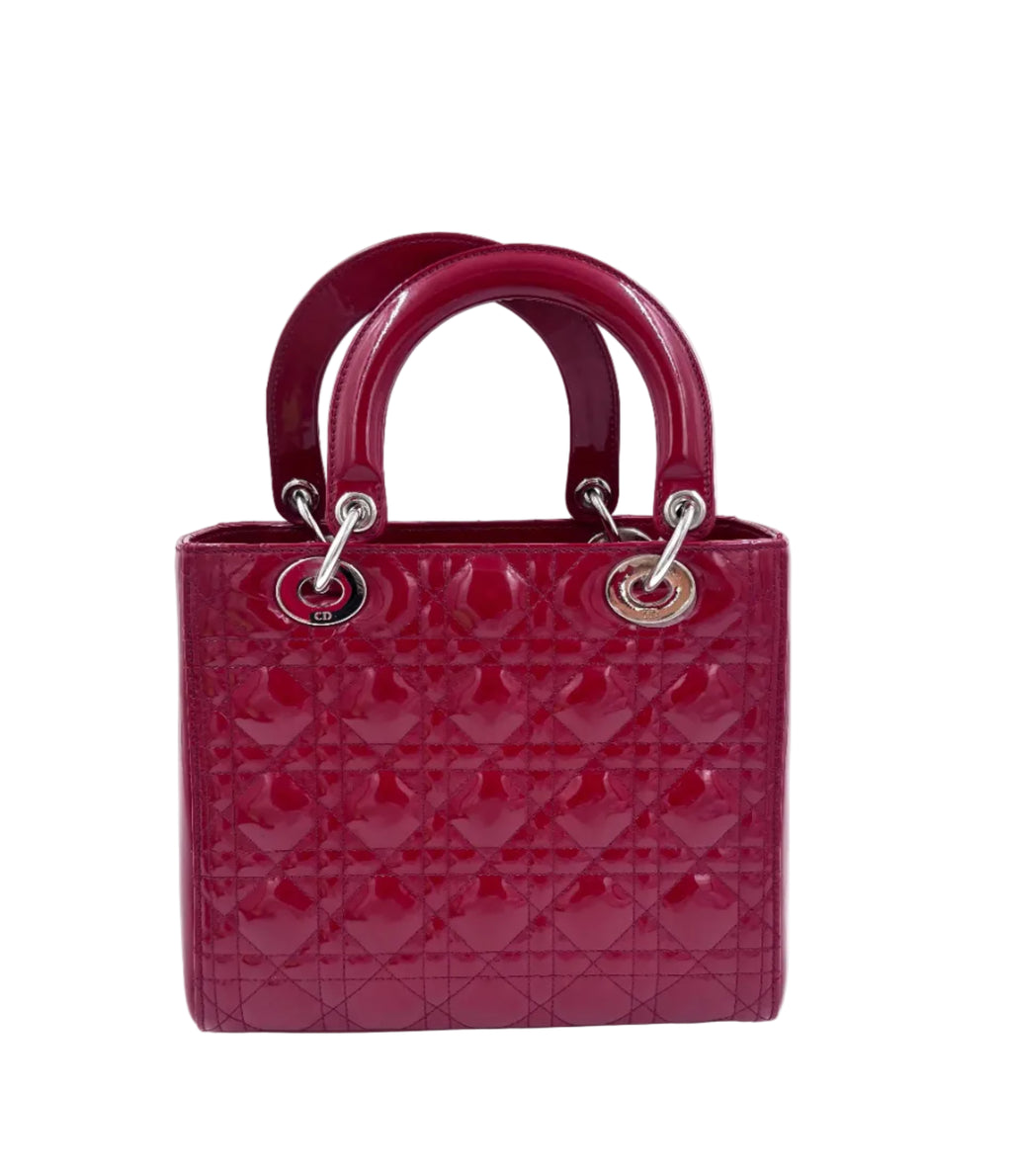 Pre-owned Medium Lady Dior Bag Cherry Red Patent Cannage Calfskin - Authenticated