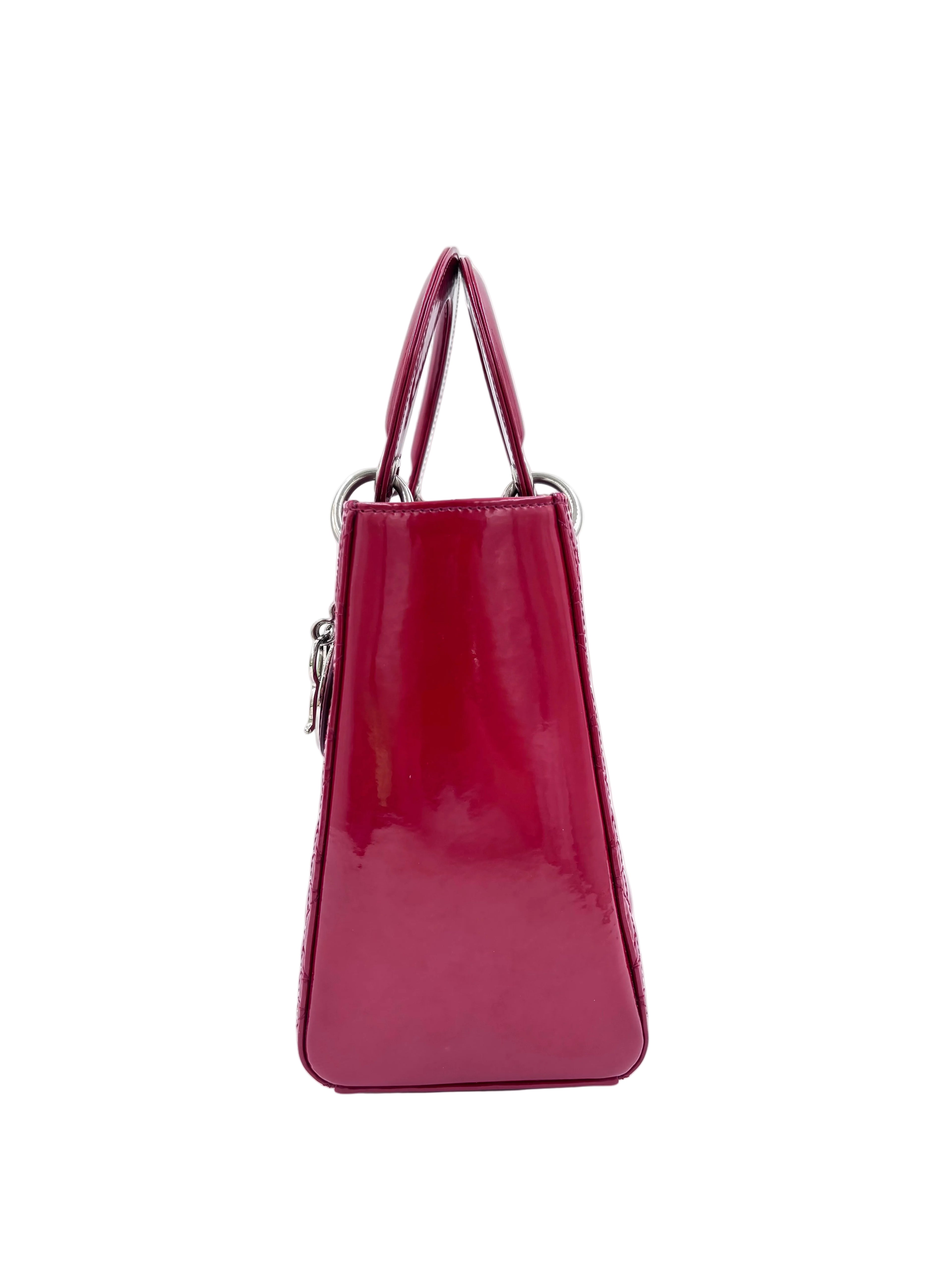 Pre-owned Medium Lady Dior Bag Cherry Red Patent Cannage Calfskin - Authenticated