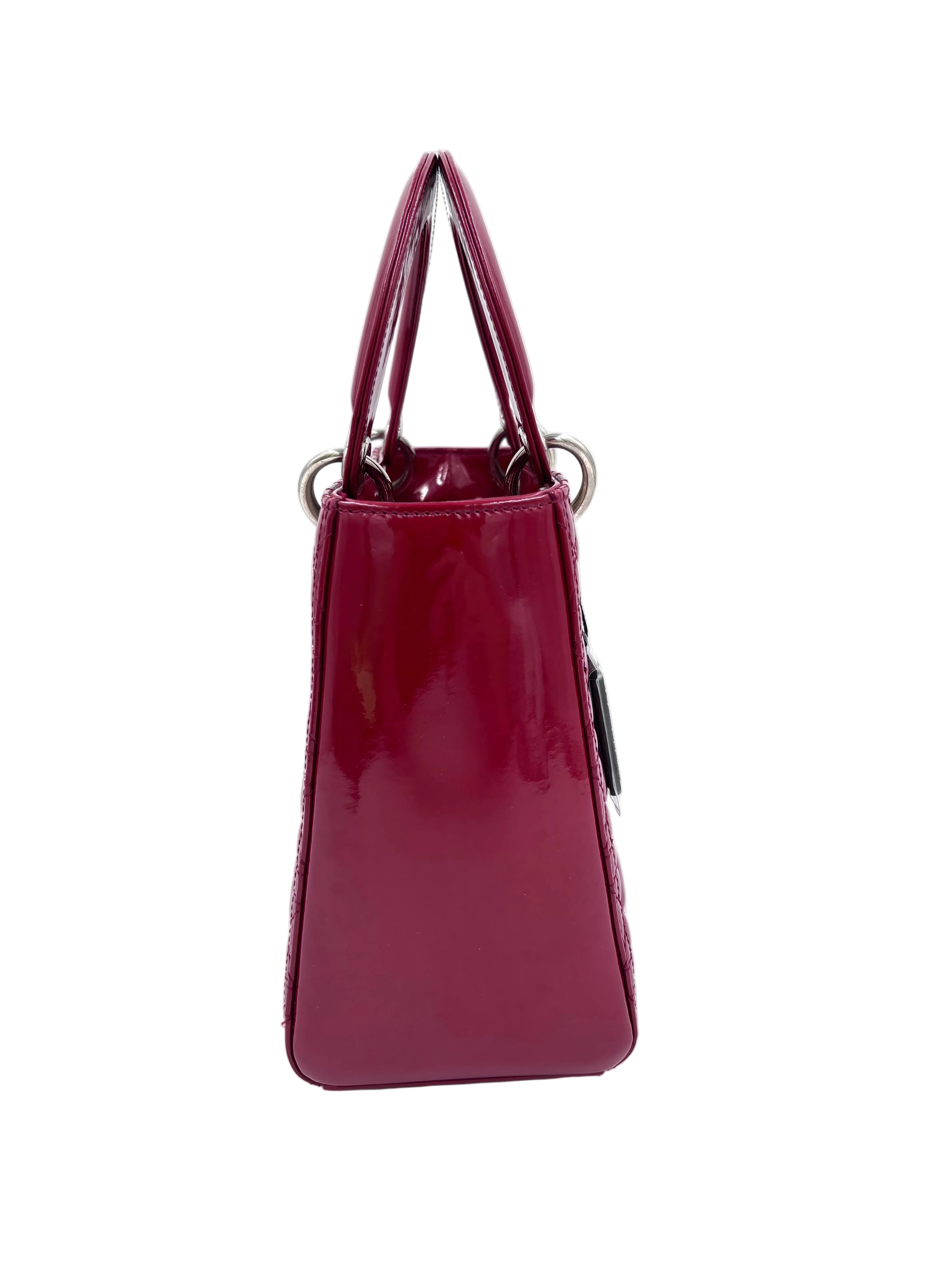 Pre-owned Medium Lady Dior Bag Cherry Red Patent Cannage Calfskin - Authenticated