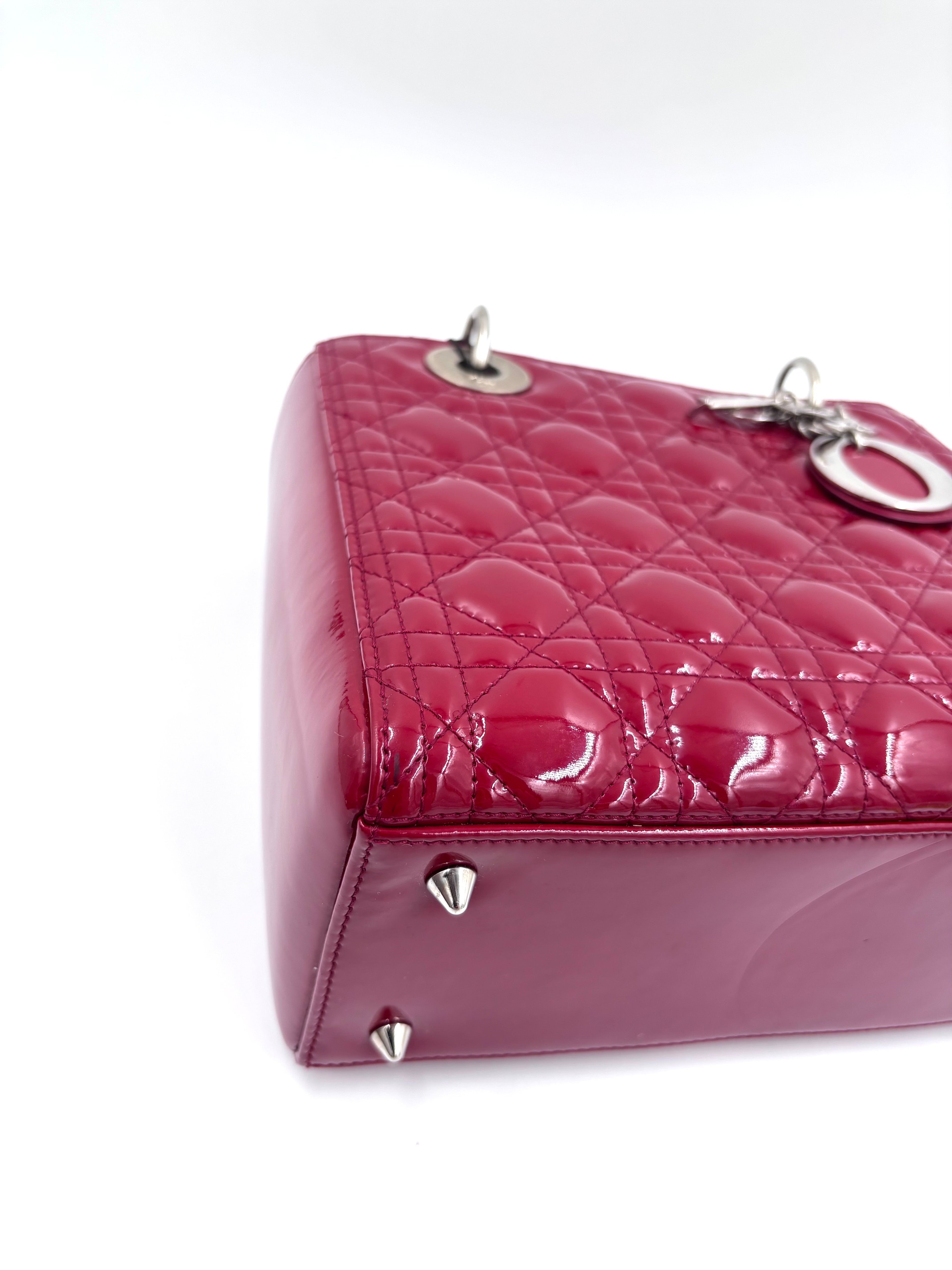 Pre-owned Medium Lady Dior Bag Cherry Red Patent Cannage Calfskin - Authenticated