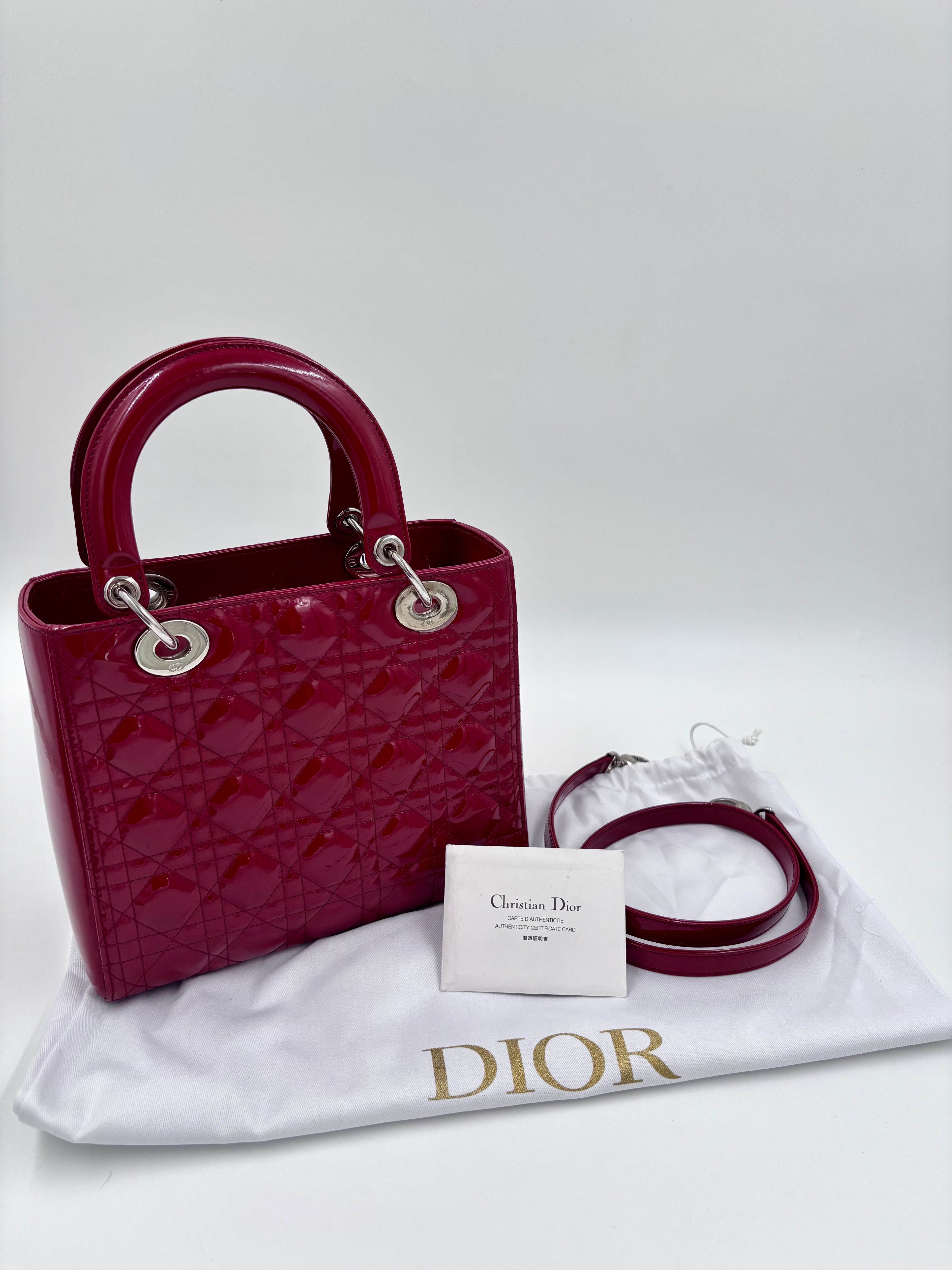 Pre-owned Medium Lady Dior Bag Cherry Red Patent Cannage Calfskin - Authenticated