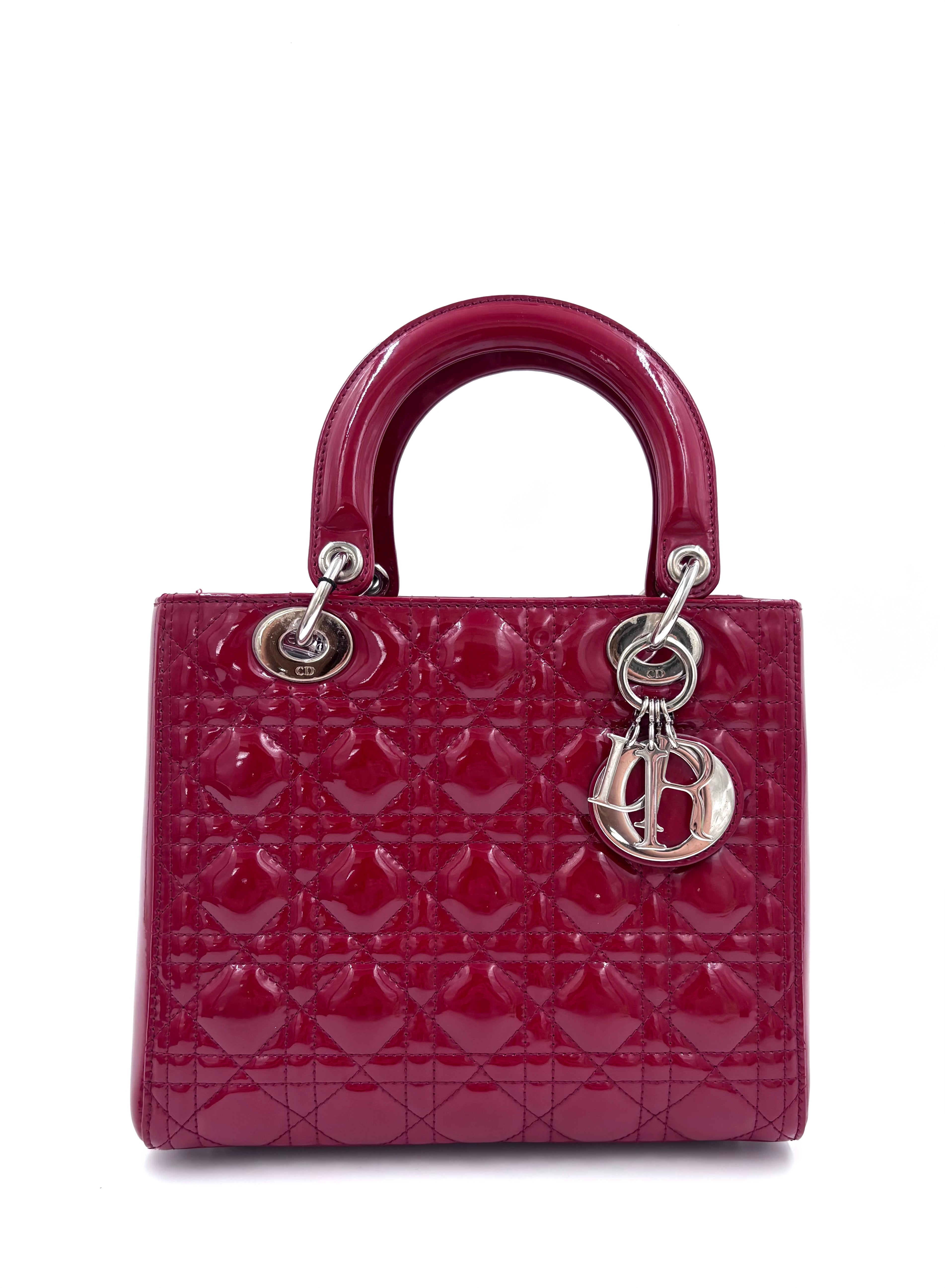 Pre-owned Medium Lady Dior Bag Cherry Red Patent Cannage Calfskin - Authenticated