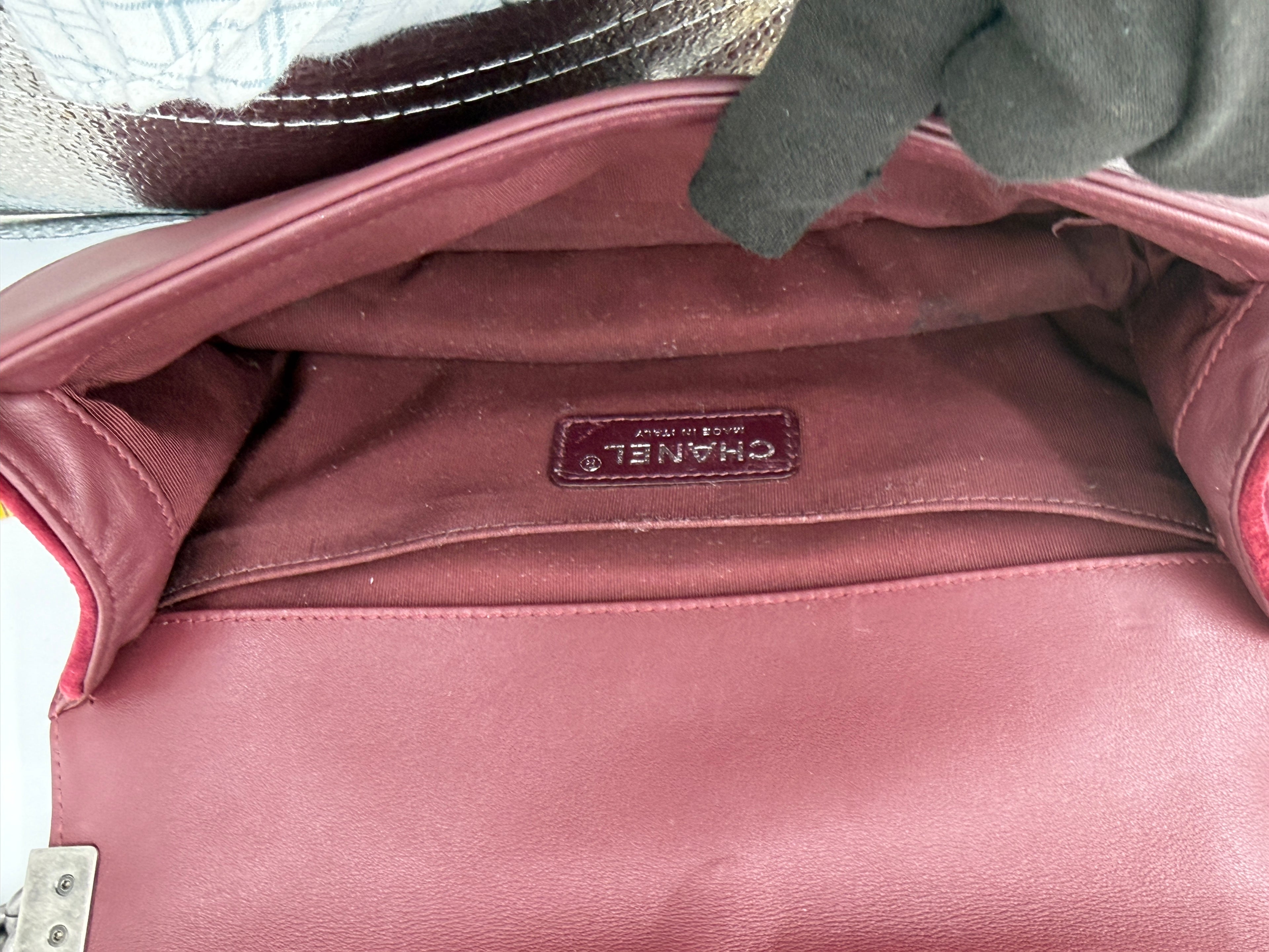 Pre-Owned Chanel Oxblood Quilted Velvet Medium Boy Bag - Authenticated