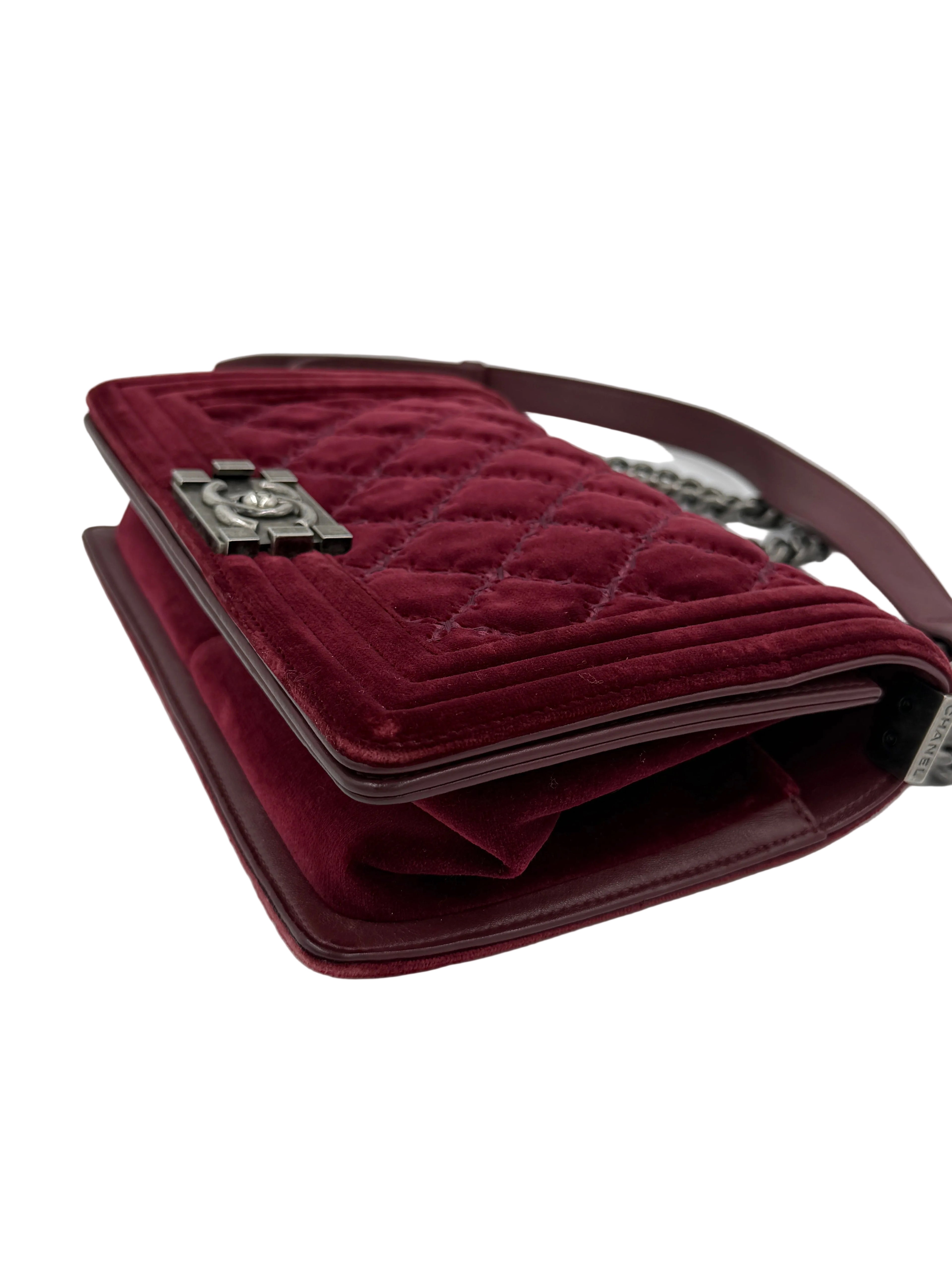 Pre-Owned Chanel Oxblood Quilted Velvet Medium Boy Bag - Authenticated