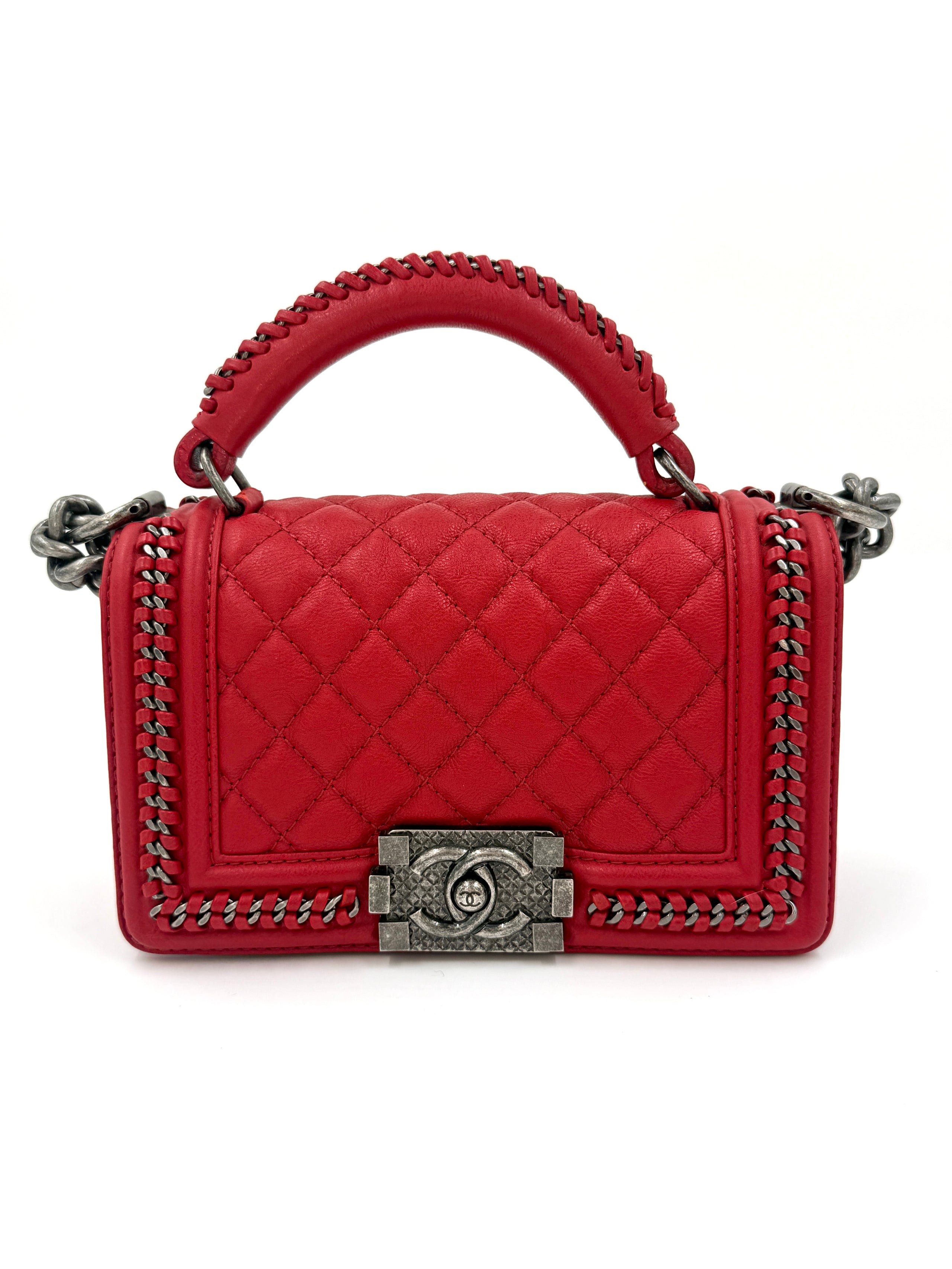 Pre-Owned Chanel Boy Bag Small Red Chain Top Handle Lambskin Series 23 2016-2017 - Authenticated