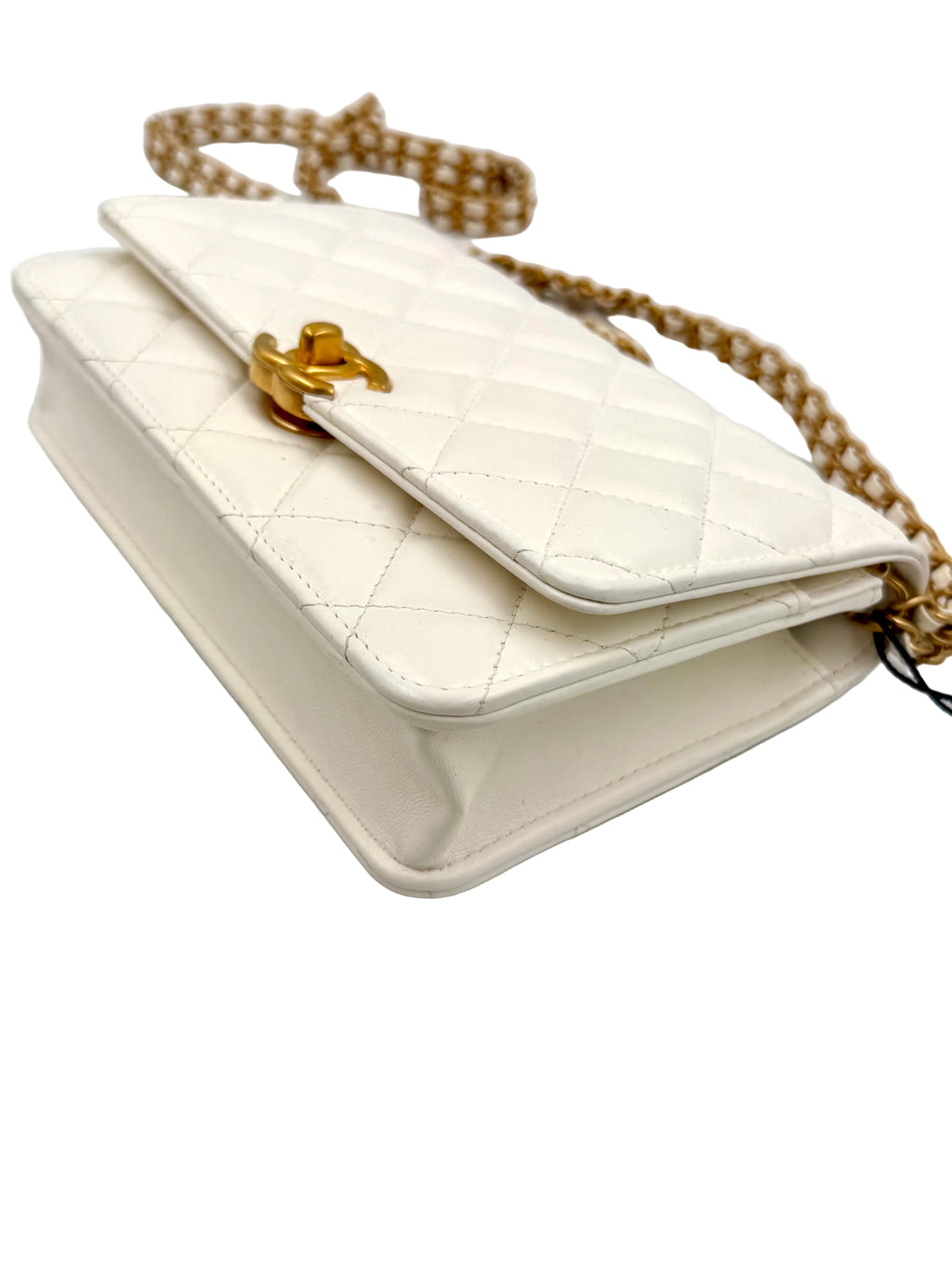 Pre-owned Chanel Lambskin Quilted Romance Wallet On Chain White Aged Gold Hardware - Authenticated
