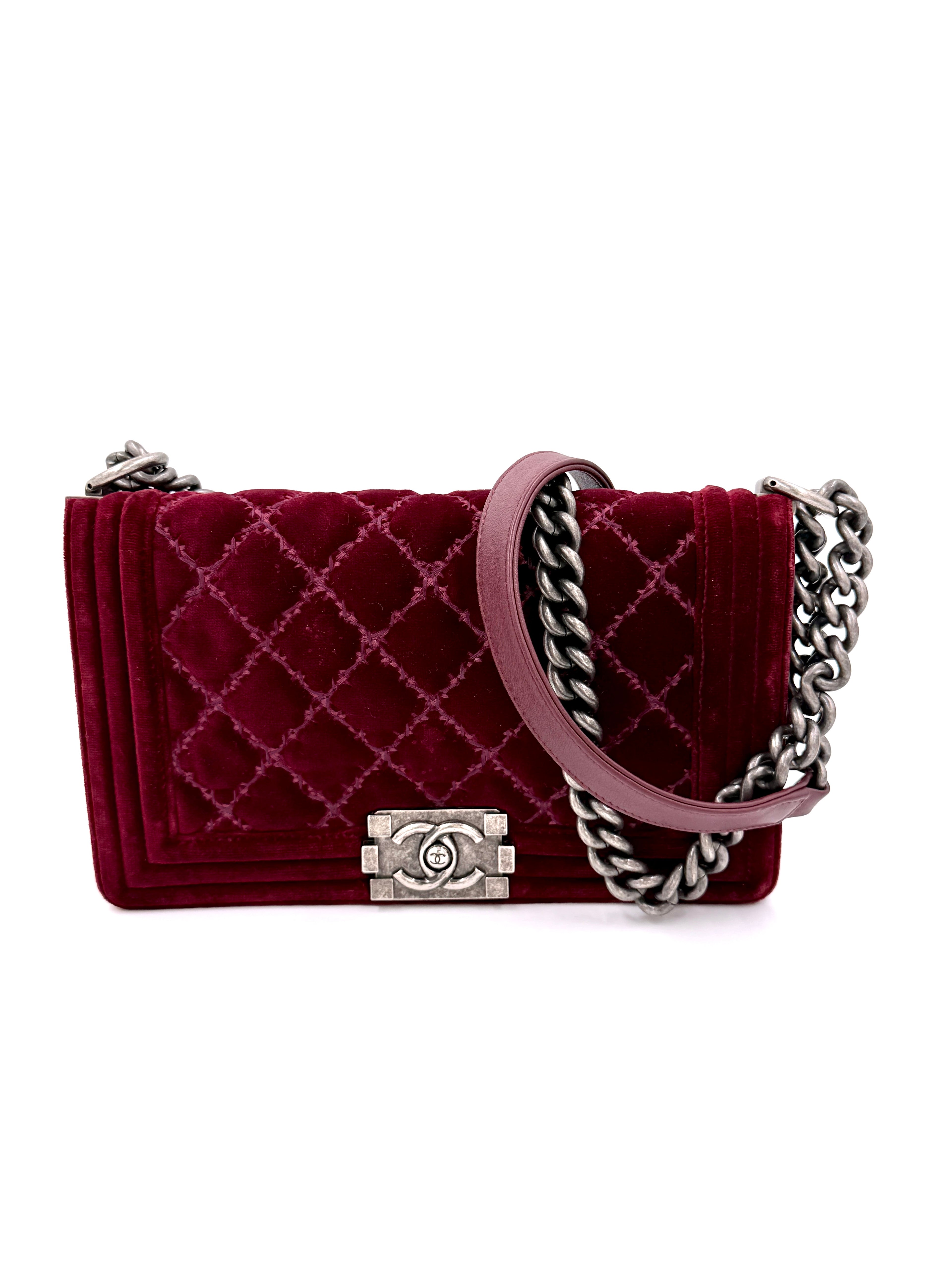 Pre-Owned Chanel Oxblood Quilted Velvet Medium Boy Bag - Authenticated