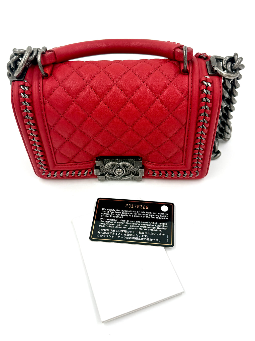 Pre-Owned Chanel Boy Bag Small Red Chain Top Handle Lambskin Series 23 2016-2017 - Authenticated