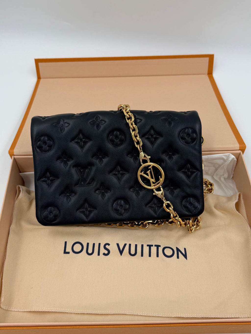 Pre-owned Louis Vuitton Pochette Coussin Black Embossed Lambskin Gold Hardware - Authenticated