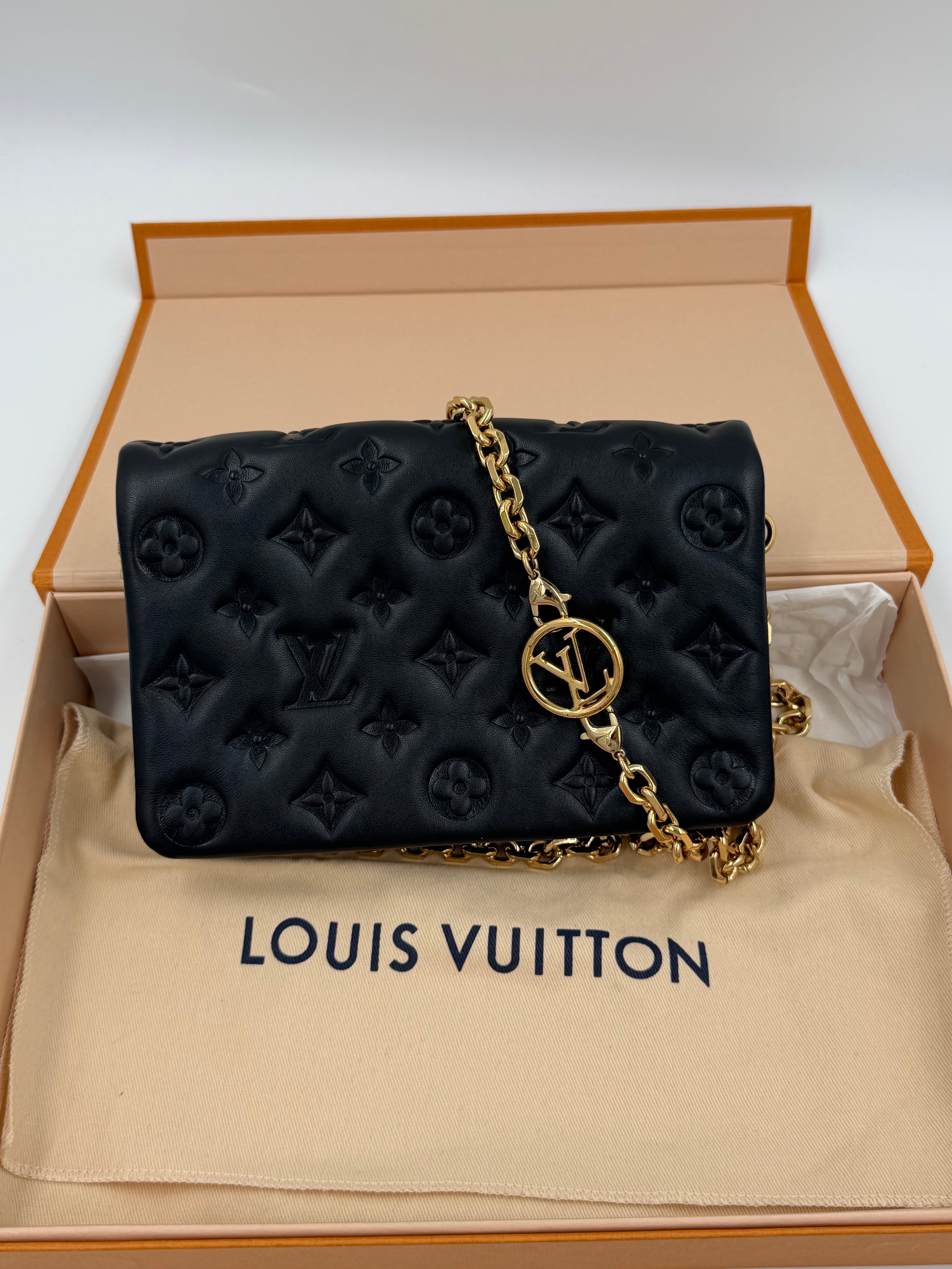 Pre-owned Louis Vuitton Pochette Coussin Black Embossed Lambskin Gold Hardware - Authenticated