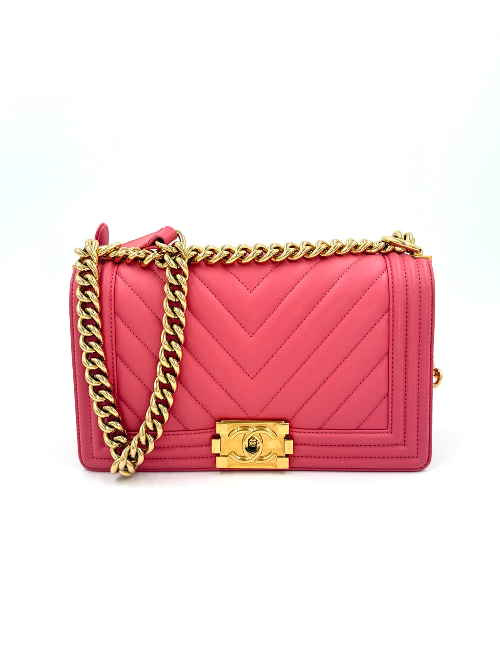 Pre-Owned Chanel Coral Pink Chevron Medium Boy Bag Gold Hardware - Authenticated