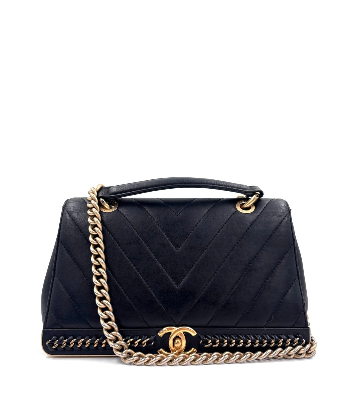 Pre-owned Chanel 2017-2018 Chevron Sheepskin Stitched Chain Top Handle & Crossbody Flap Satchel - Authenticated
