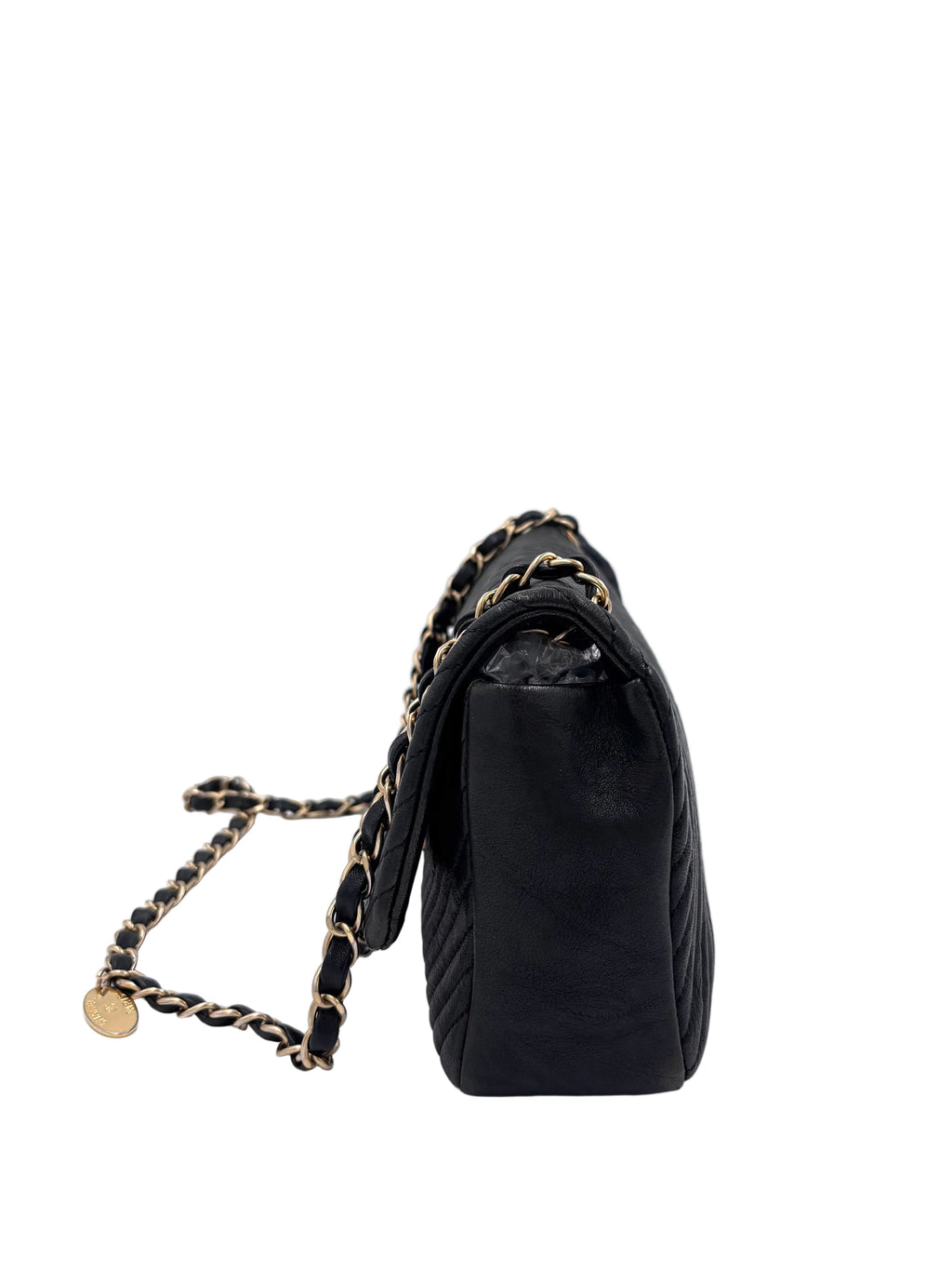 Pre-owned Chanel Medium Surpique Chevron Flap bag Black Gold-Tone Hardware - Authenticated