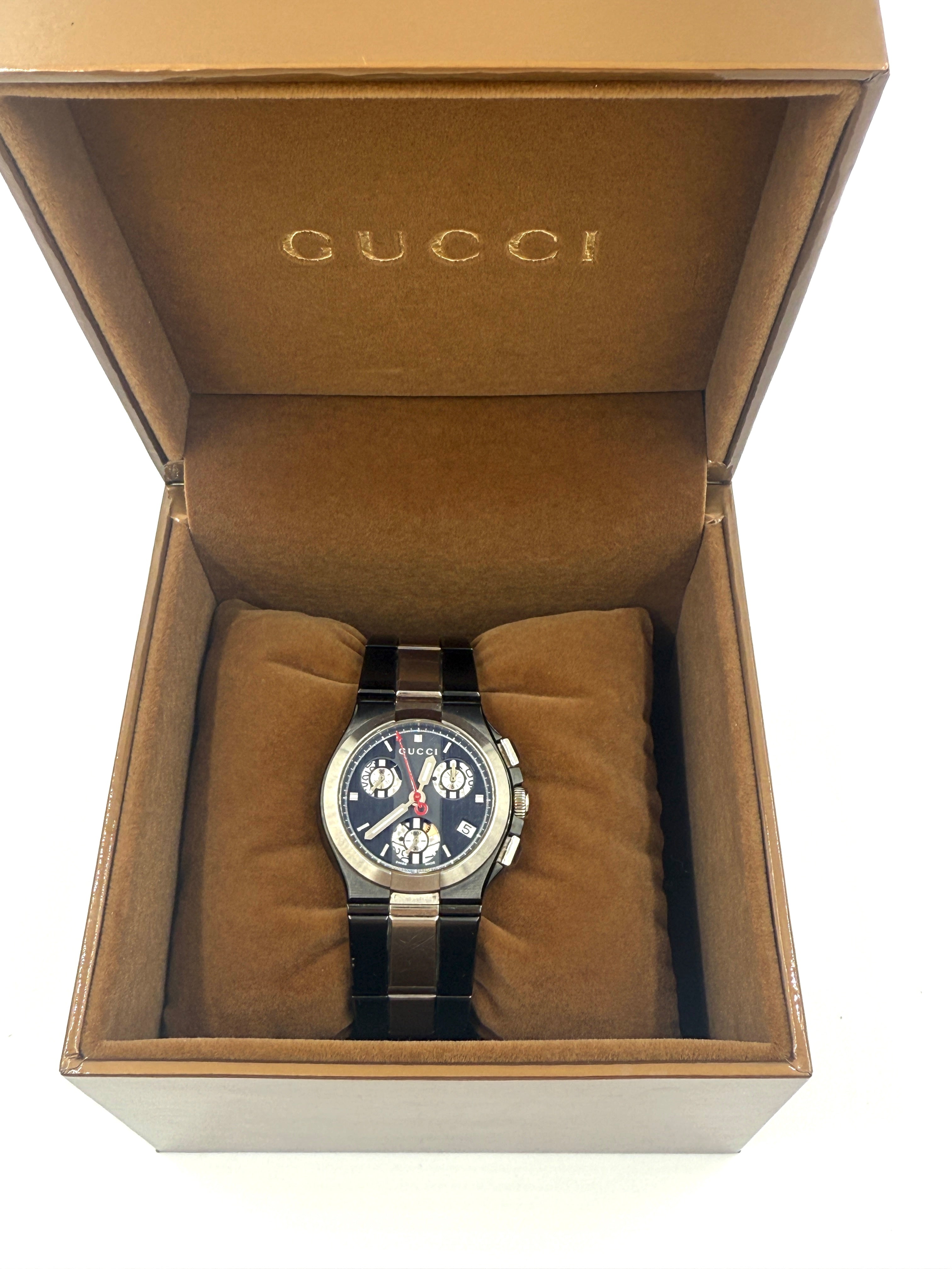 Pre-Owned Gucci Chrono Watch, Titanium Case, Titanium Bracelet, Battery Powered Swiss Quartz Movement - Authenticated