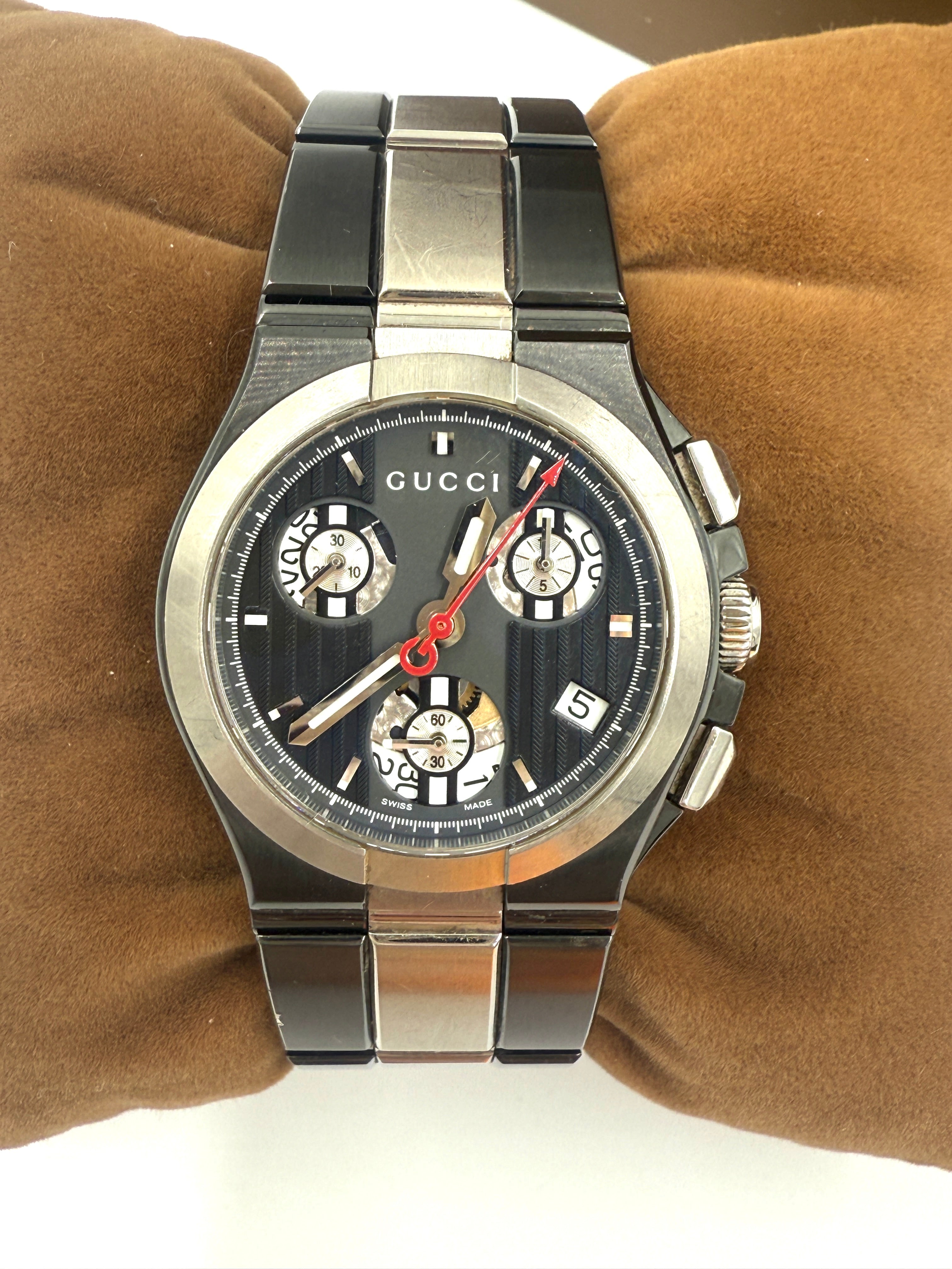Pre-Owned Gucci Chrono Watch, Titanium Case, Titanium Bracelet, Battery Powered Swiss Quartz Movement - Authenticated