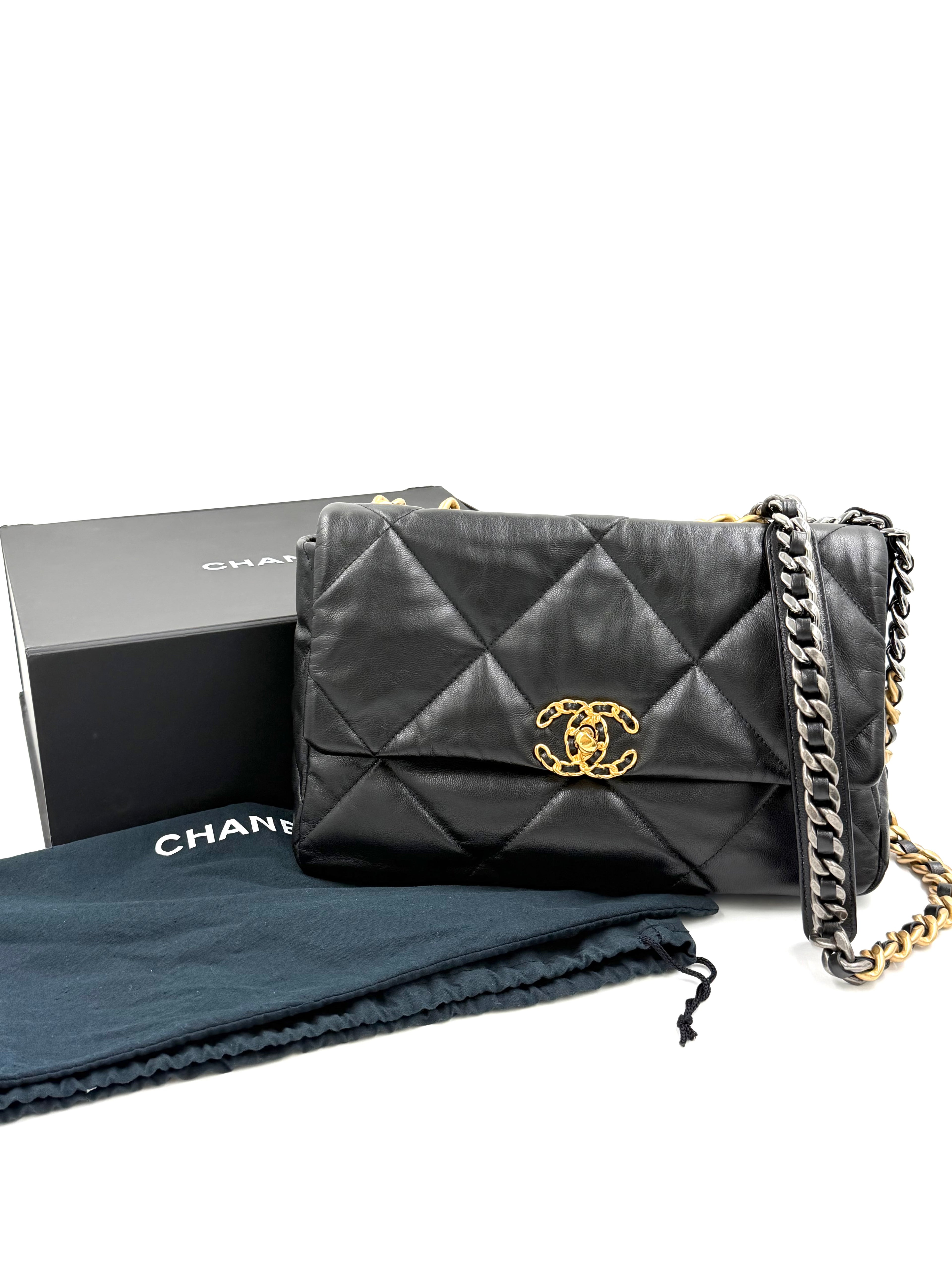 Pre-owned Chanel 19 Black Shiny Goatskin With Mixed Metal Hardware Medium- Authenticated