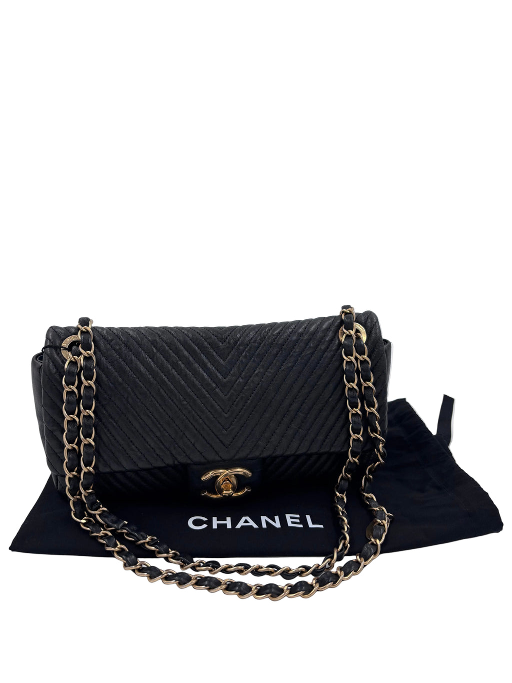 Pre-owned Chanel Medium Surpique Chevron Flap bag Black Gold-Tone Hardware - Authenticated