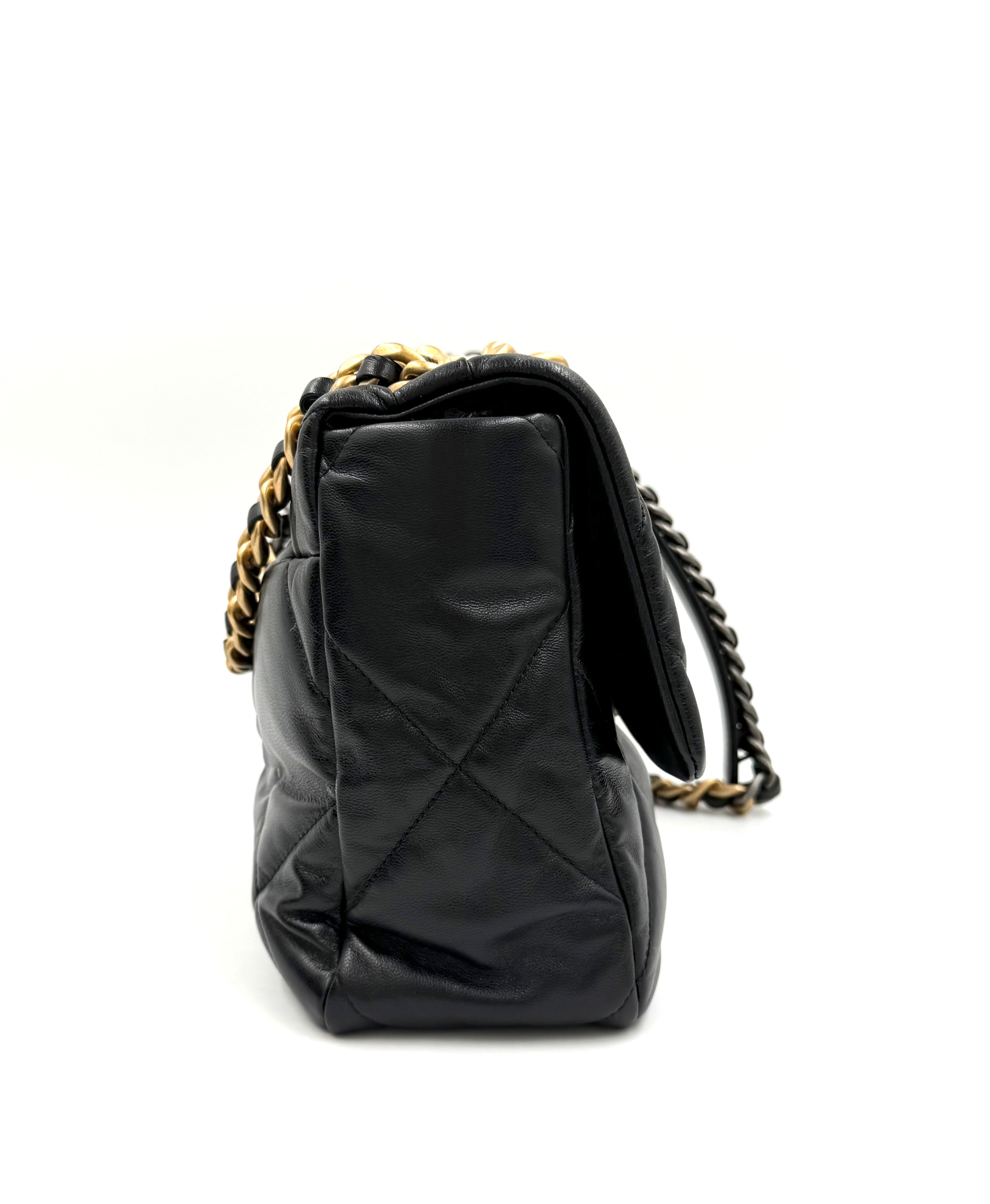 Pre-owned Chanel 19 Black Shiny Goatskin With Mixed Metal Hardware Medium- Authenticated