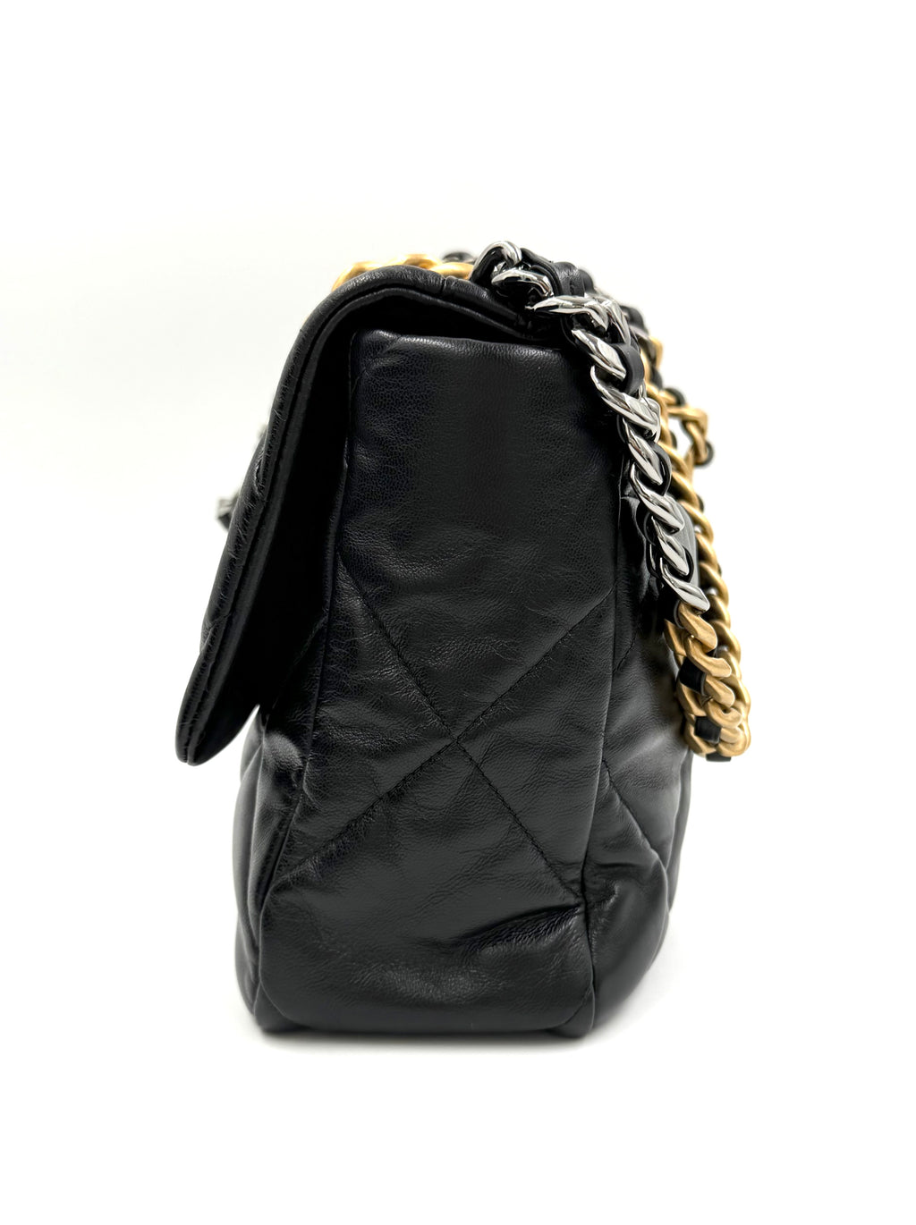 Pre-owned Chanel 19 Black Shiny Goatskin With Mixed Metal Hardware Medium- Authenticated