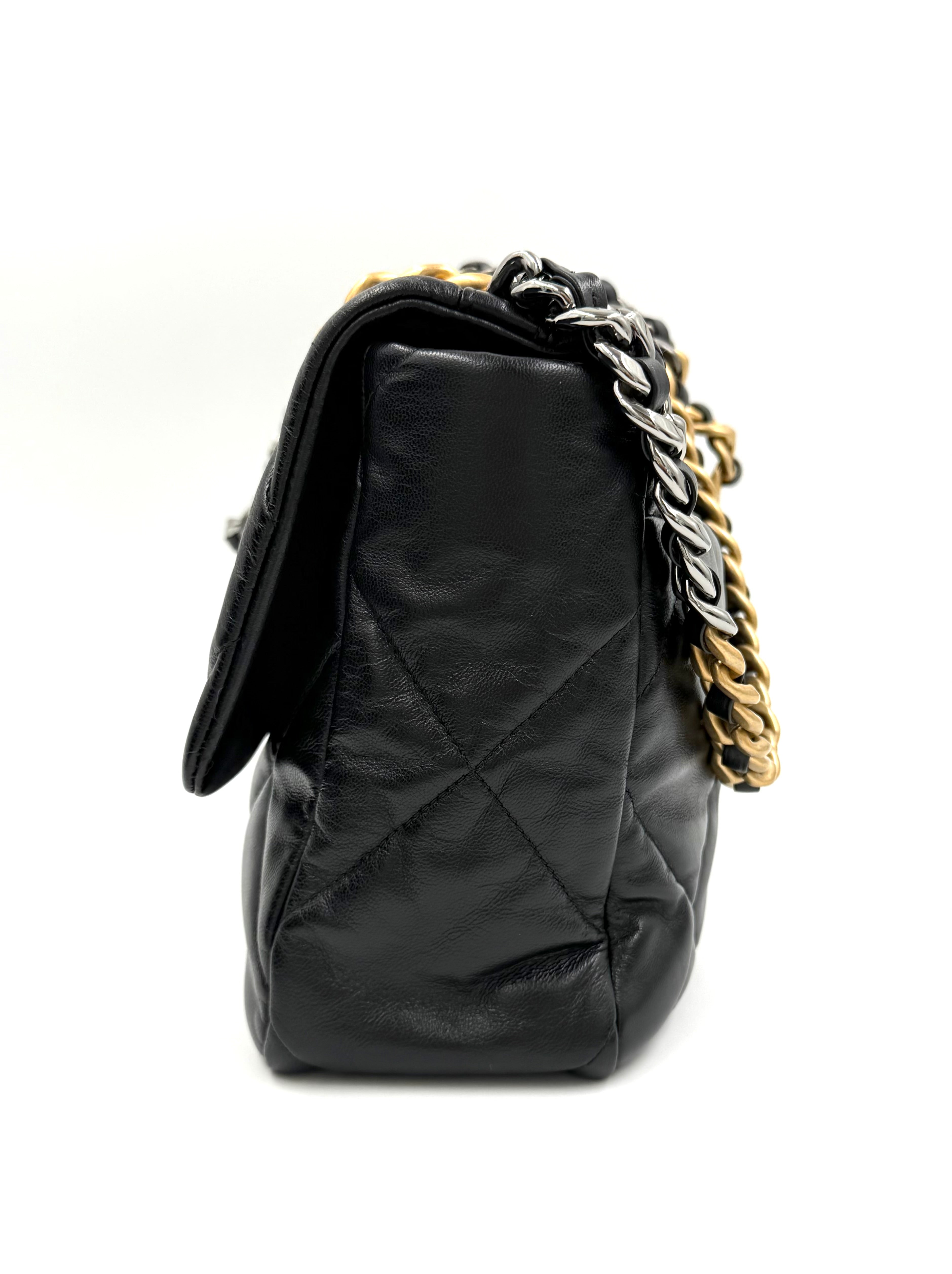 Pre-owned Chanel 19 Black Shiny Goatskin With Mixed Metal Hardware Medium- Authenticated