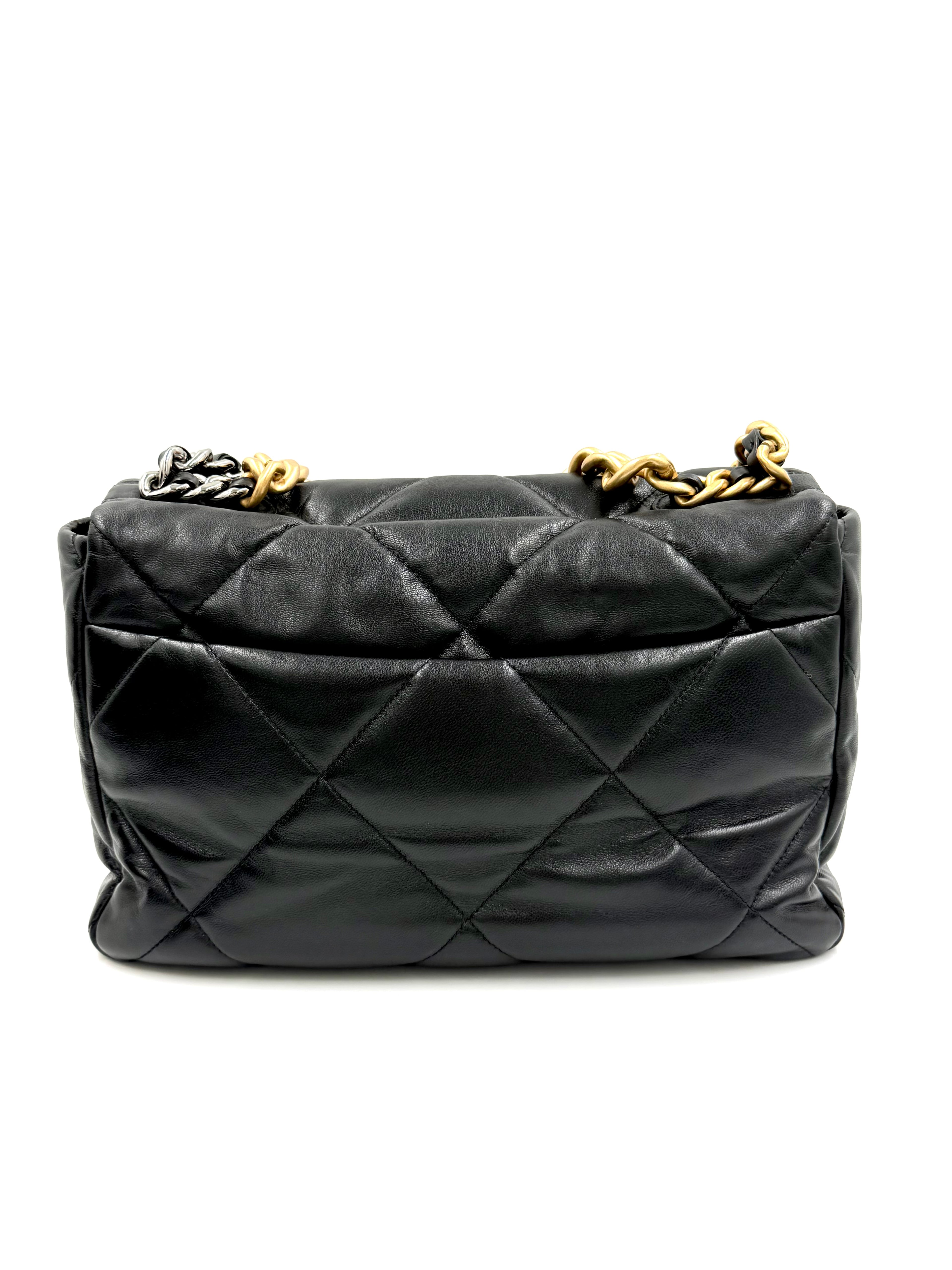 Pre-owned Chanel 19 Black Shiny Goatskin With Mixed Metal Hardware Medium- Authenticated
