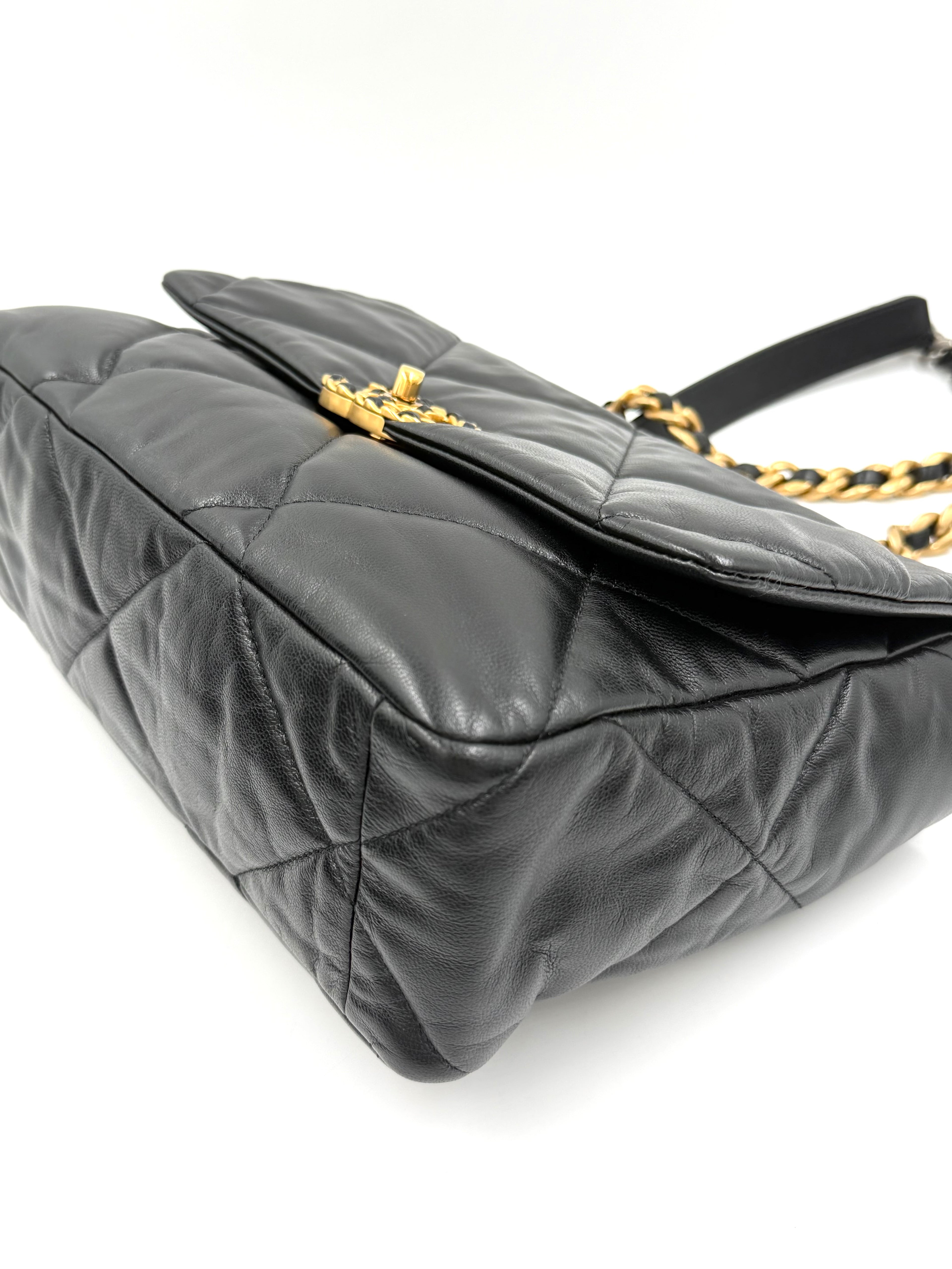 Pre-owned Chanel 19 Black Shiny Goatskin With Mixed Metal Hardware Medium- Authenticated
