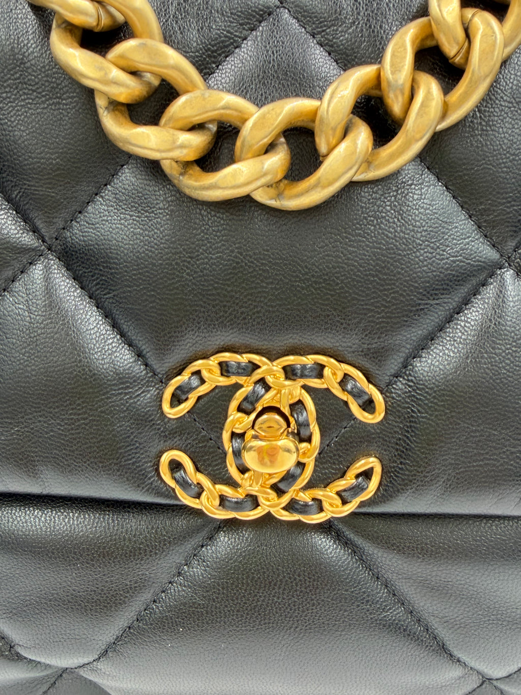 Pre-owned Chanel 19 Black Shiny Goatskin With Mixed Metal Hardware Medium- Authenticated