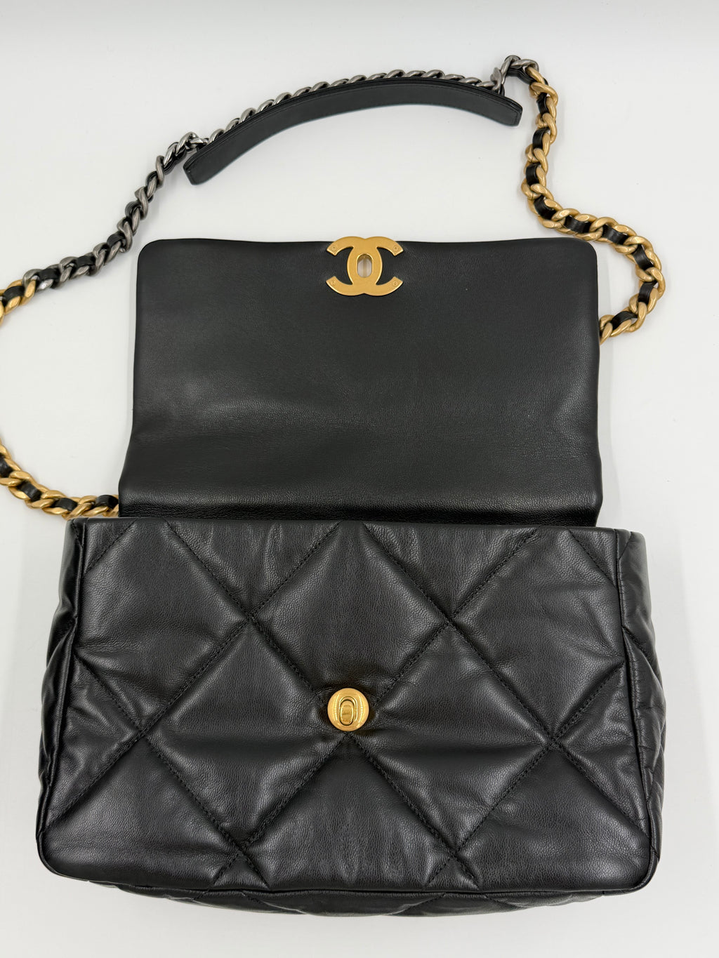 Pre-owned Chanel 19 Black Shiny Goatskin With Mixed Metal Hardware Medium- Authenticated