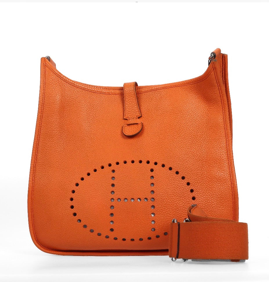 Pre-owned Hermès Evelyne GM Orange Calfskin Bag with Palladium Hardware - Authenticated