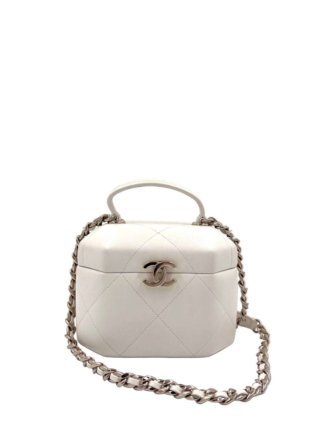 Pre-owned Chanel Vanity Case Small White Quilted Lambskin Top Handle Bag - Authenticated