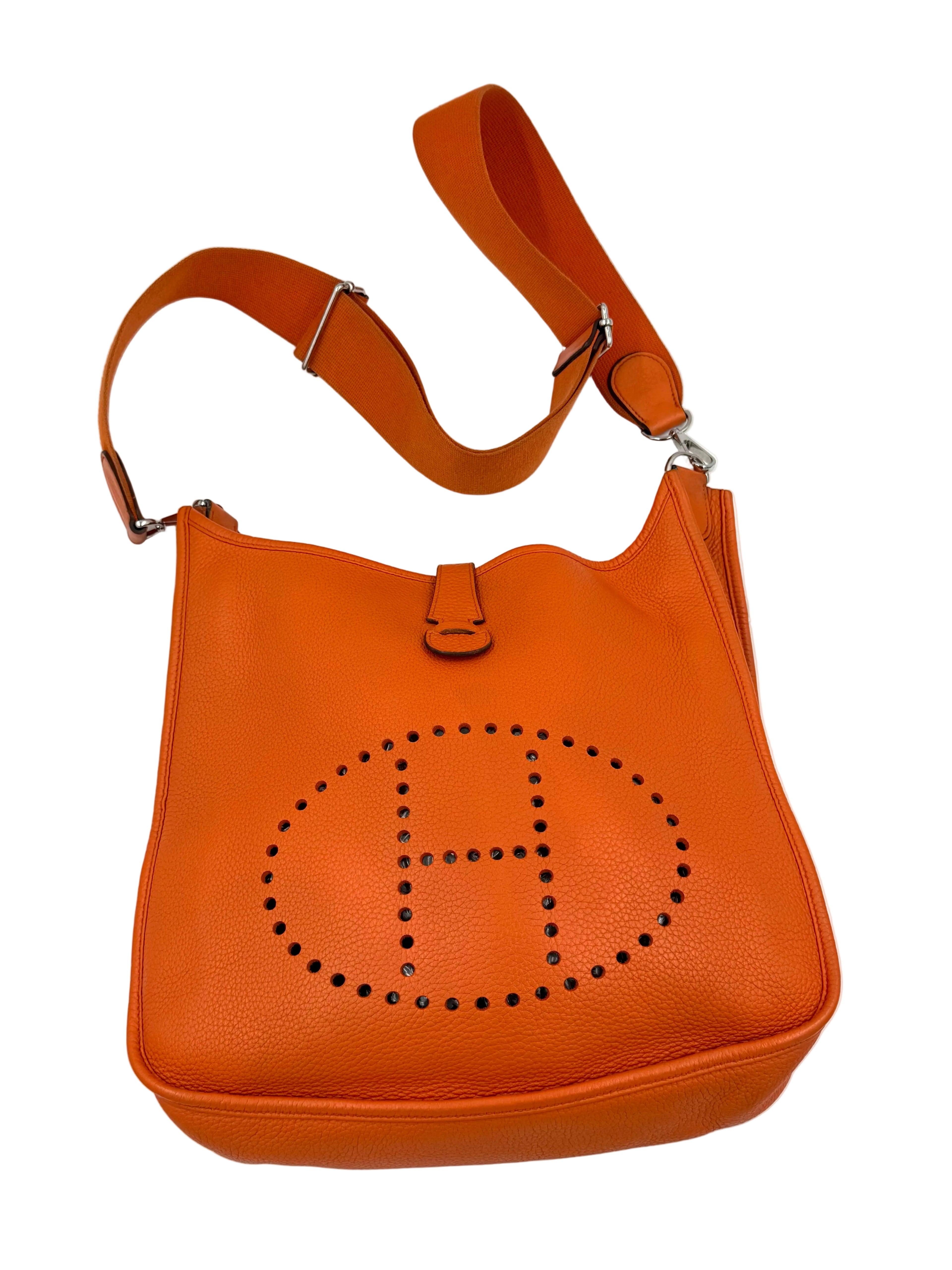 Pre-owned Hermès Evelyne GM Orange Calfskin Bag with Palladium Hardware - Authenticated