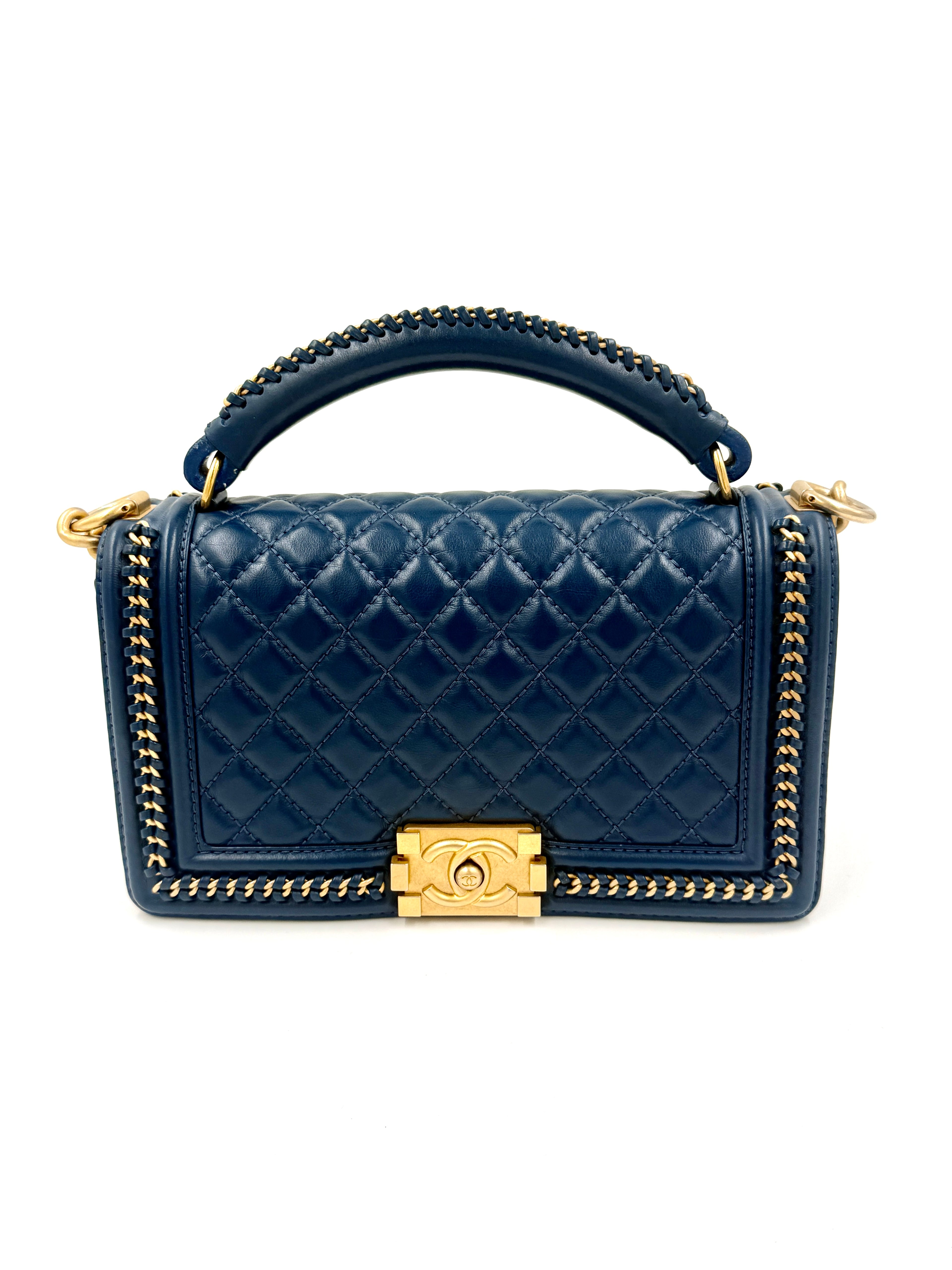 Pre-Owned Chanel Calfskin Medium Chain Around Top Handle Boy Bag Blue - Authenticated
