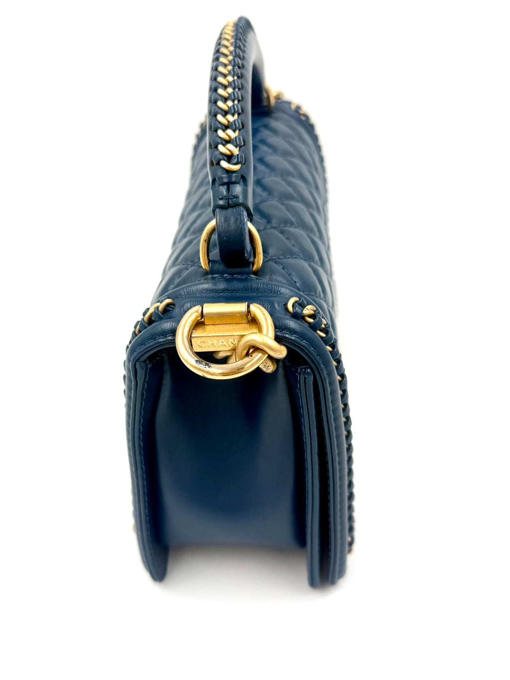 Pre-Owned Chanel Calfskin Medium Chain Around Top Handle Boy Bag Blue - Authenticated