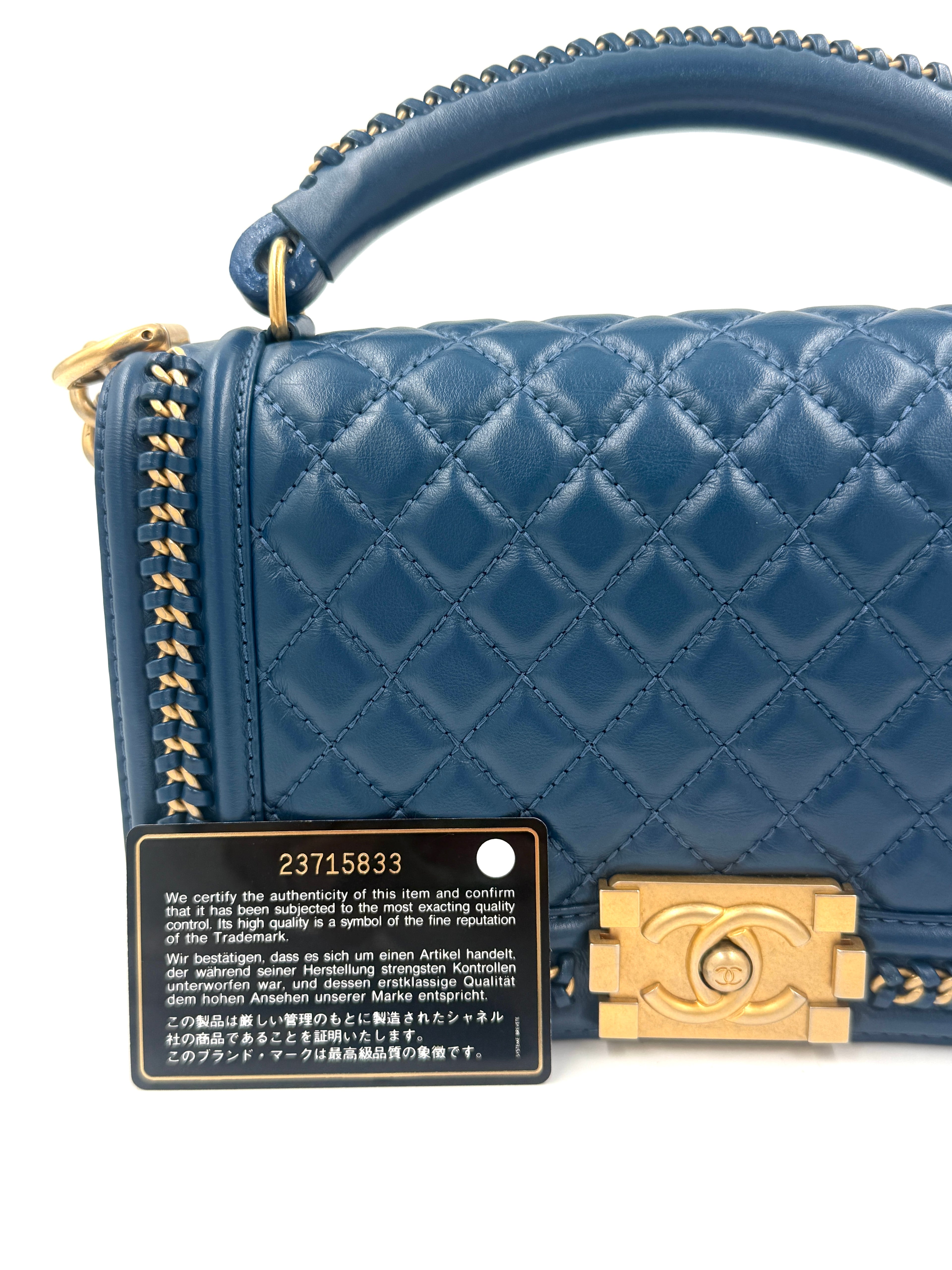 Pre-Owned Chanel Calfskin Medium Chain Around Top Handle Boy Bag Blue - Authenticated