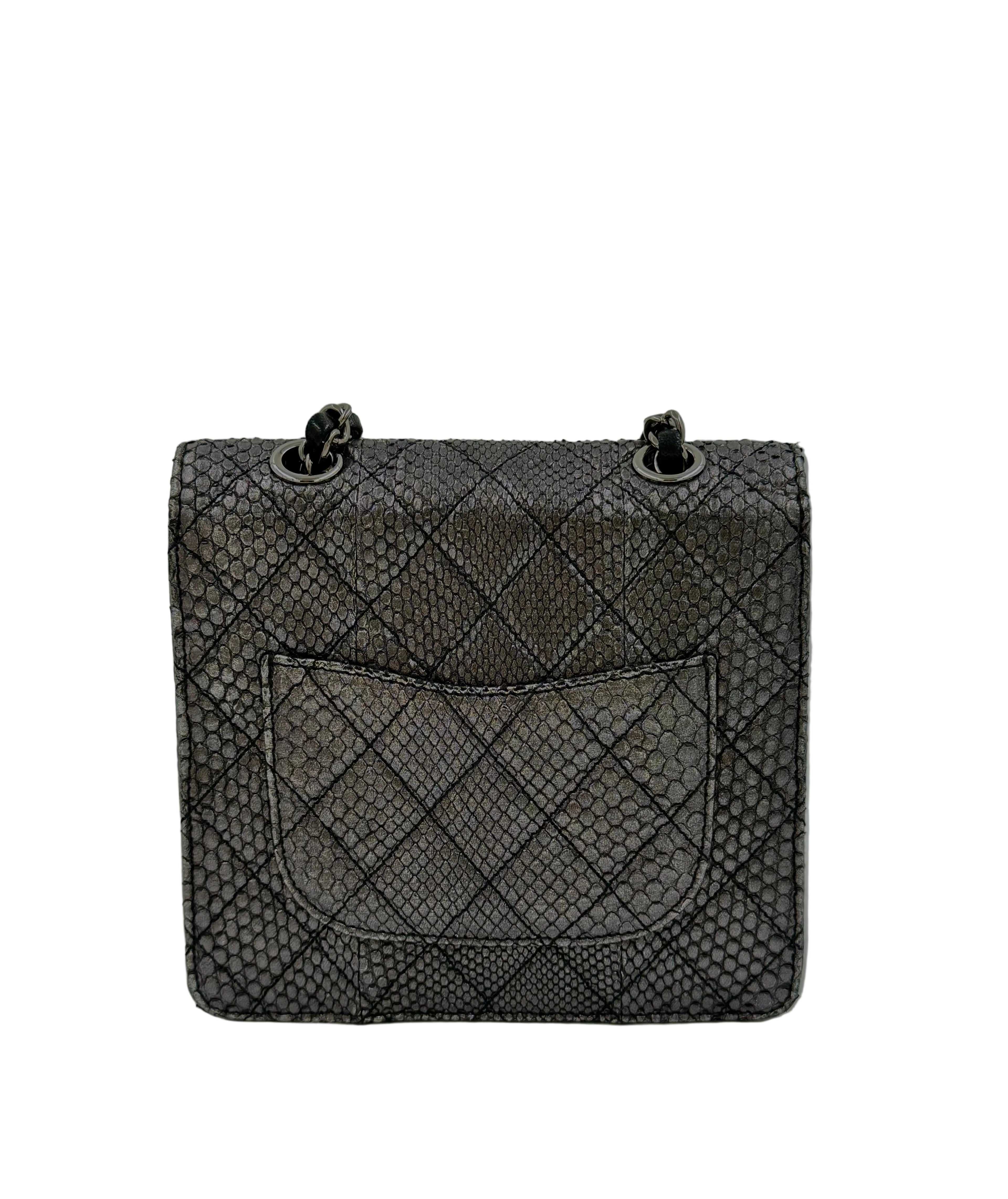 Pre-owned Chanel Small Metallic Gunmetal Snakeskin Flap Bag - Authenticated