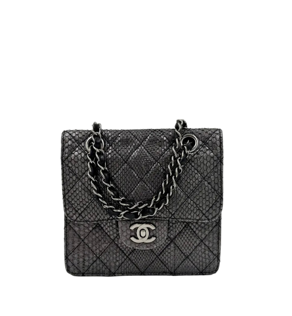 Pre-owned Chanel Small Metallic Gunmetal Snakeskin Flap Bag - Authenticated