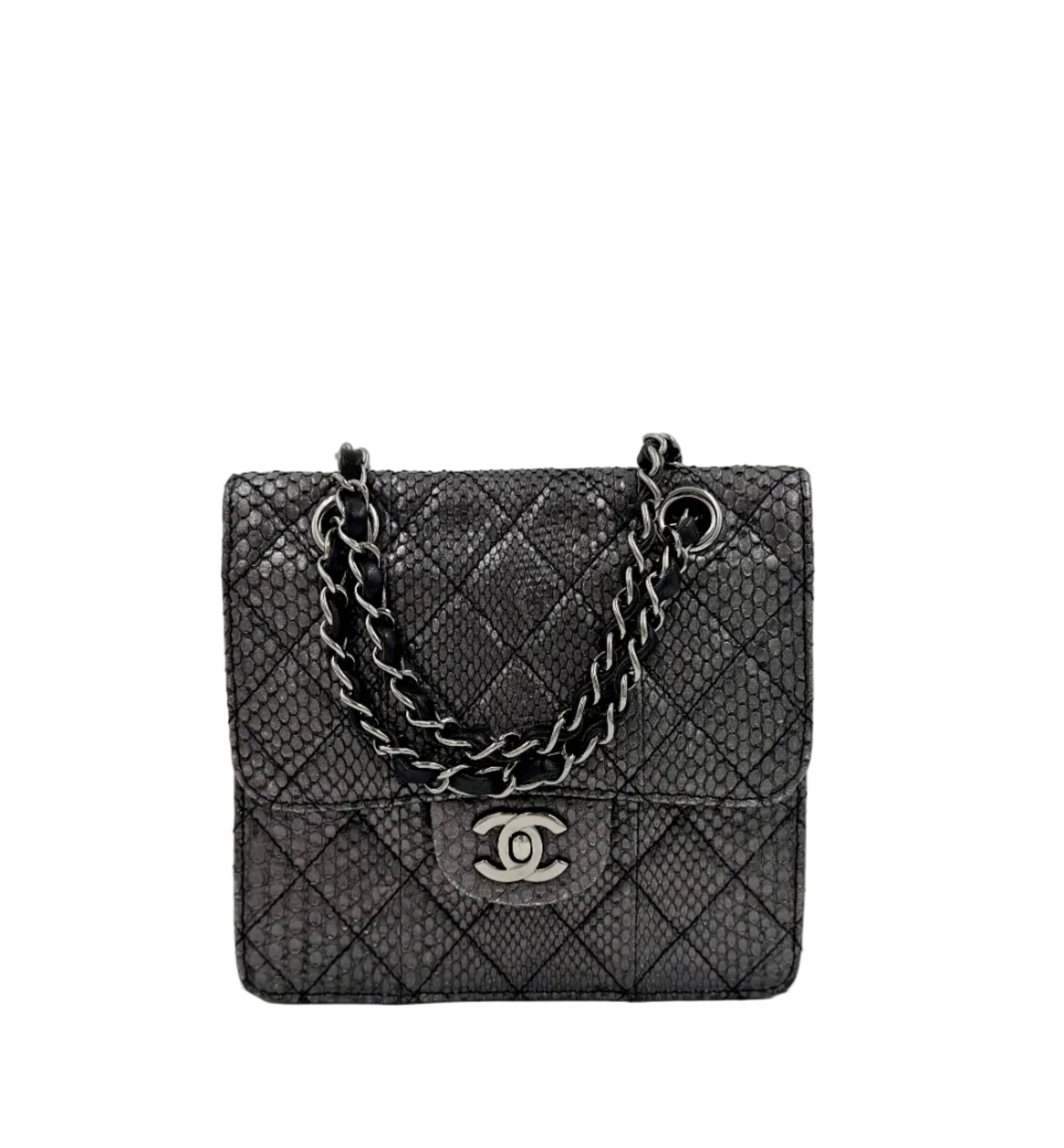 Pre-owned Chanel Small Metallic Gunmetal Snakeskin Flap Bag - Authenticated
