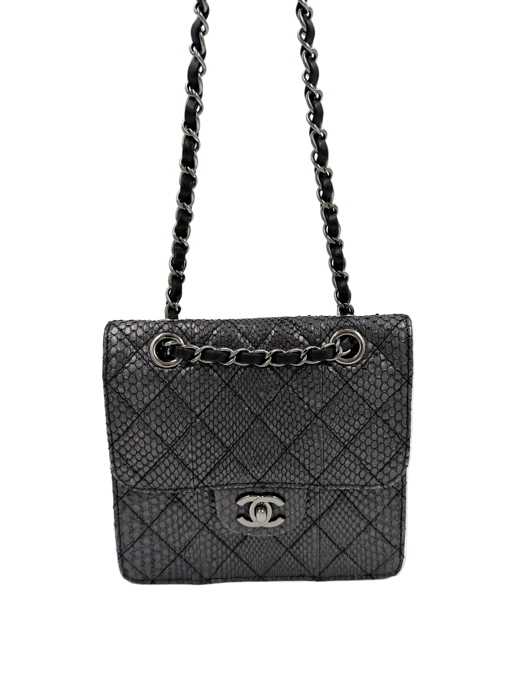 Pre-owned Chanel Small Metallic Gunmetal Snakeskin Flap Bag - Authenticated