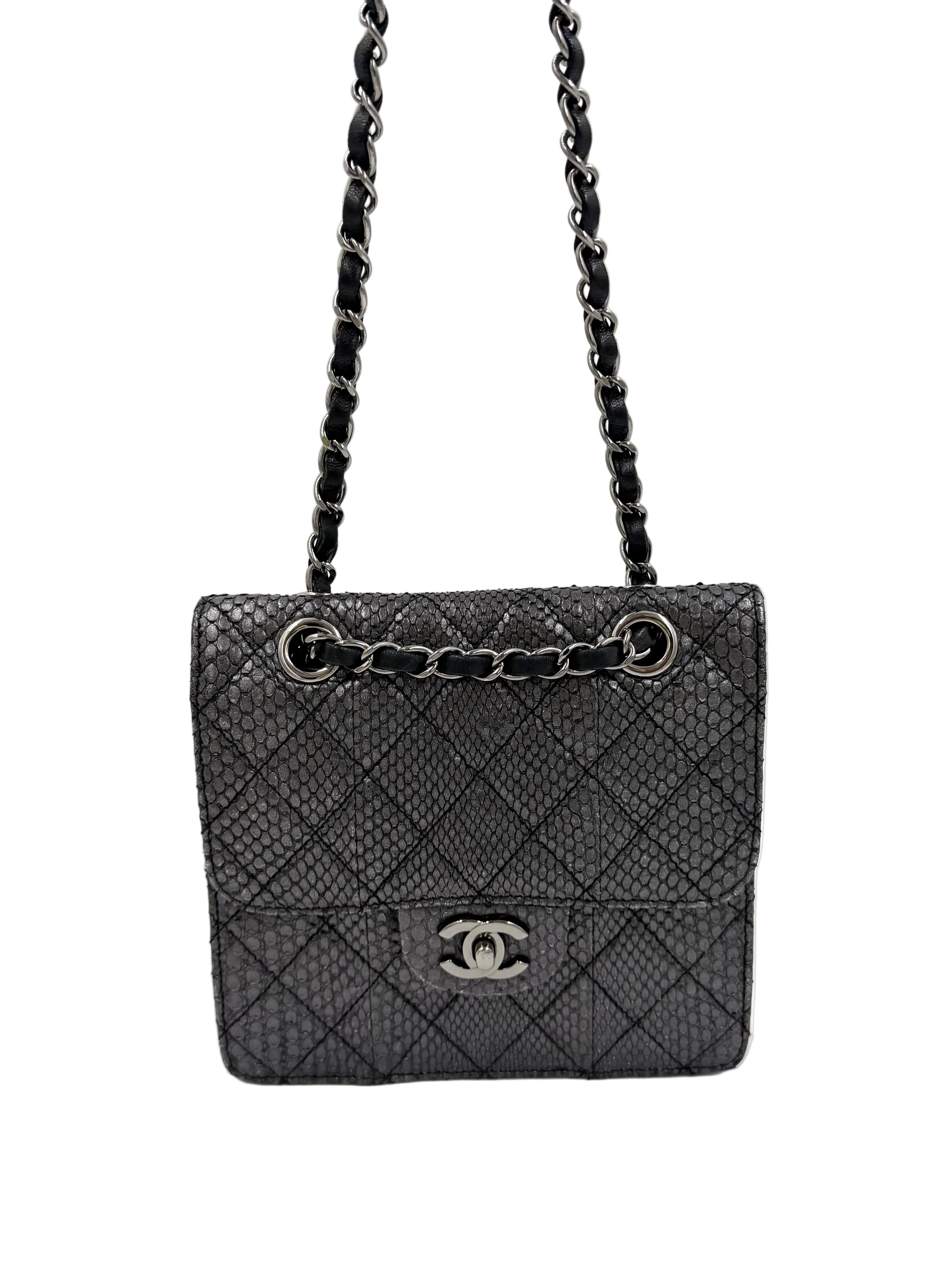 Pre-owned Chanel Small Metallic Gunmetal Snakeskin Flap Bag - Authenticated