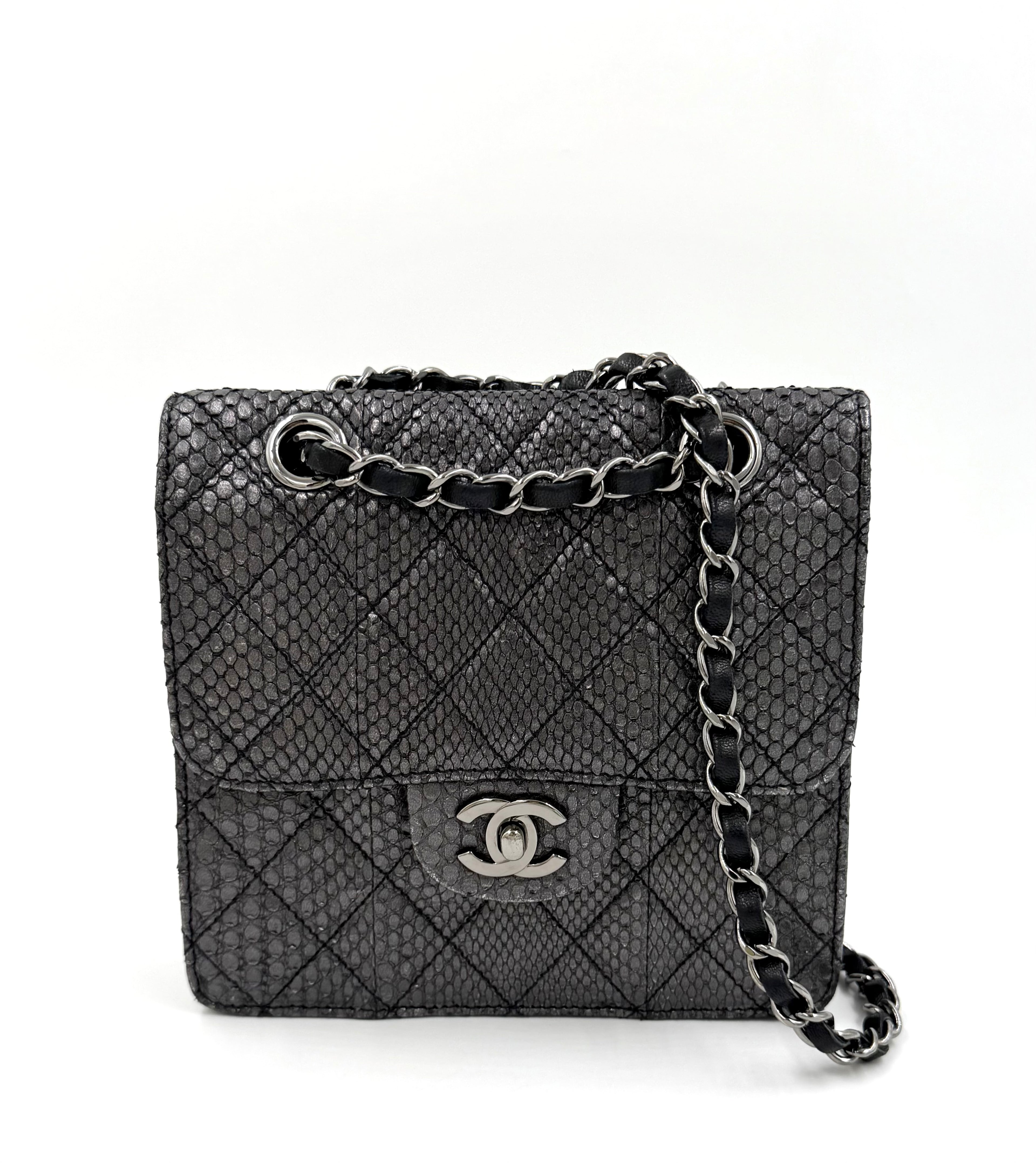 Pre-owned Chanel Small Metallic Gunmetal Snakeskin Flap Bag - Authenticated